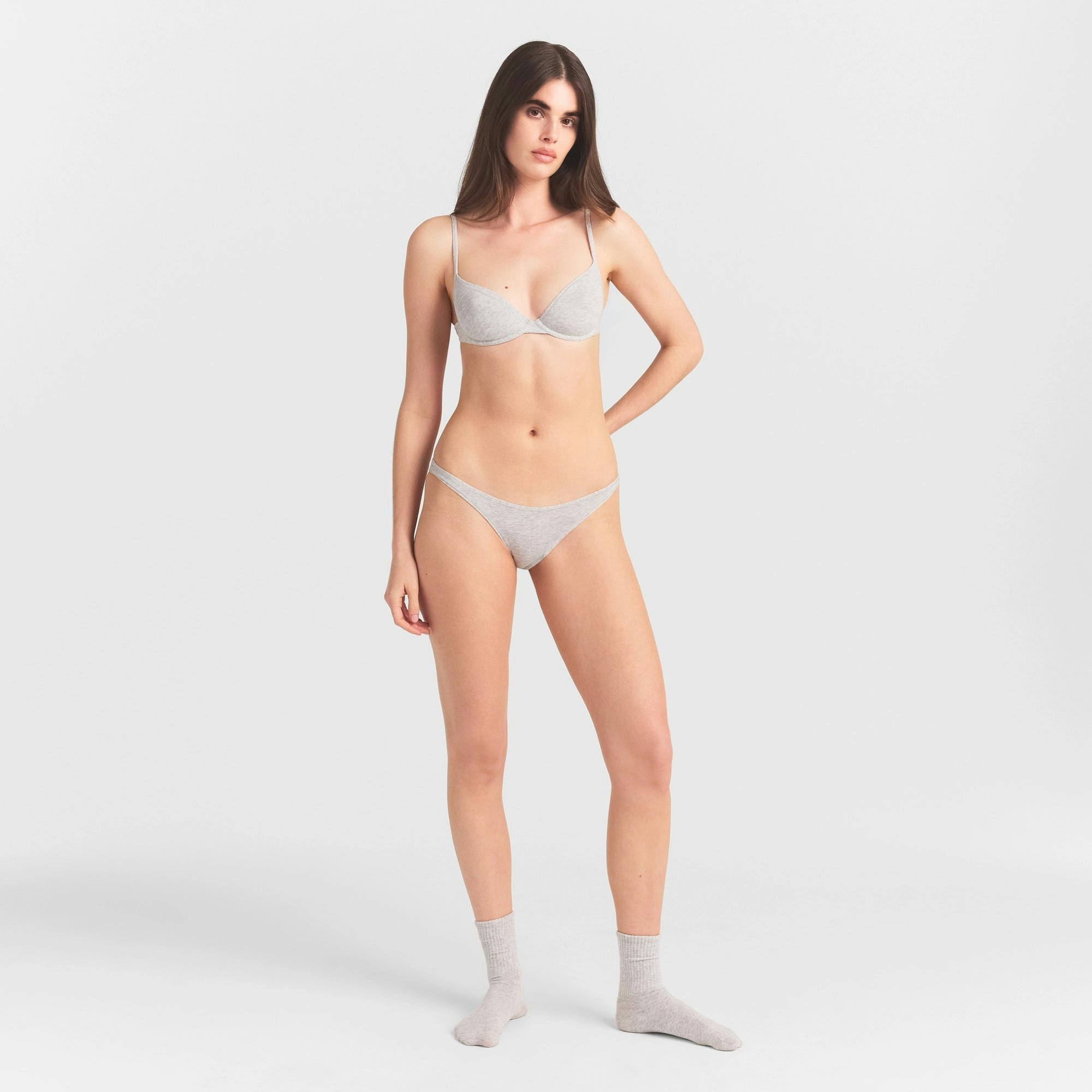 EVERYDAY COTTON BIKINI | LIGHT HEATHER GREY ON A MODEL FRONT VIEW @ | FOCUS: 0.0, 1.0, 0.9