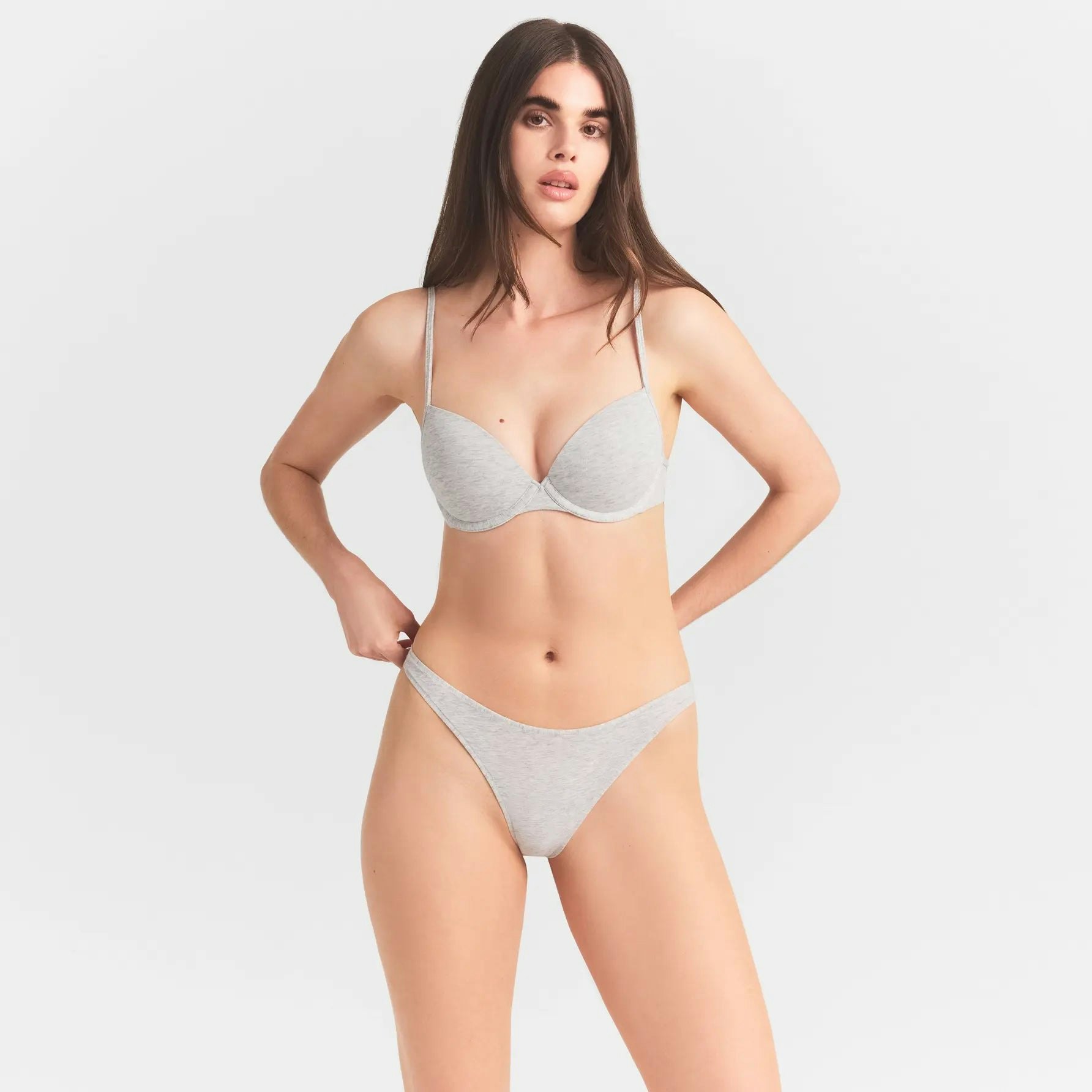 EVERYDAY COTTON BIKINI | LIGHT HEATHER GREY ON A MODEL SIDE VIEW @ | FOCUS: 0.0, 1.0, 0.9
