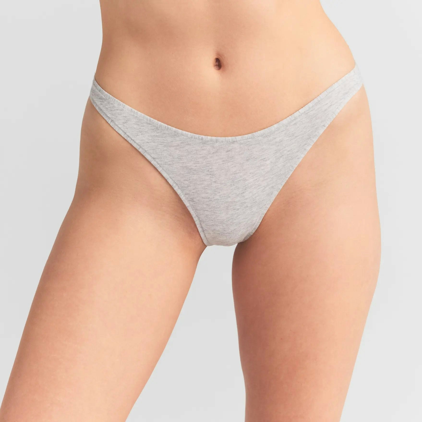EVERYDAY COTTON BIKINI | LIGHT HEATHER GREY ON A MODEL SIDE VIEW @ | FOCUS: 0.0, 1.0, 0.9