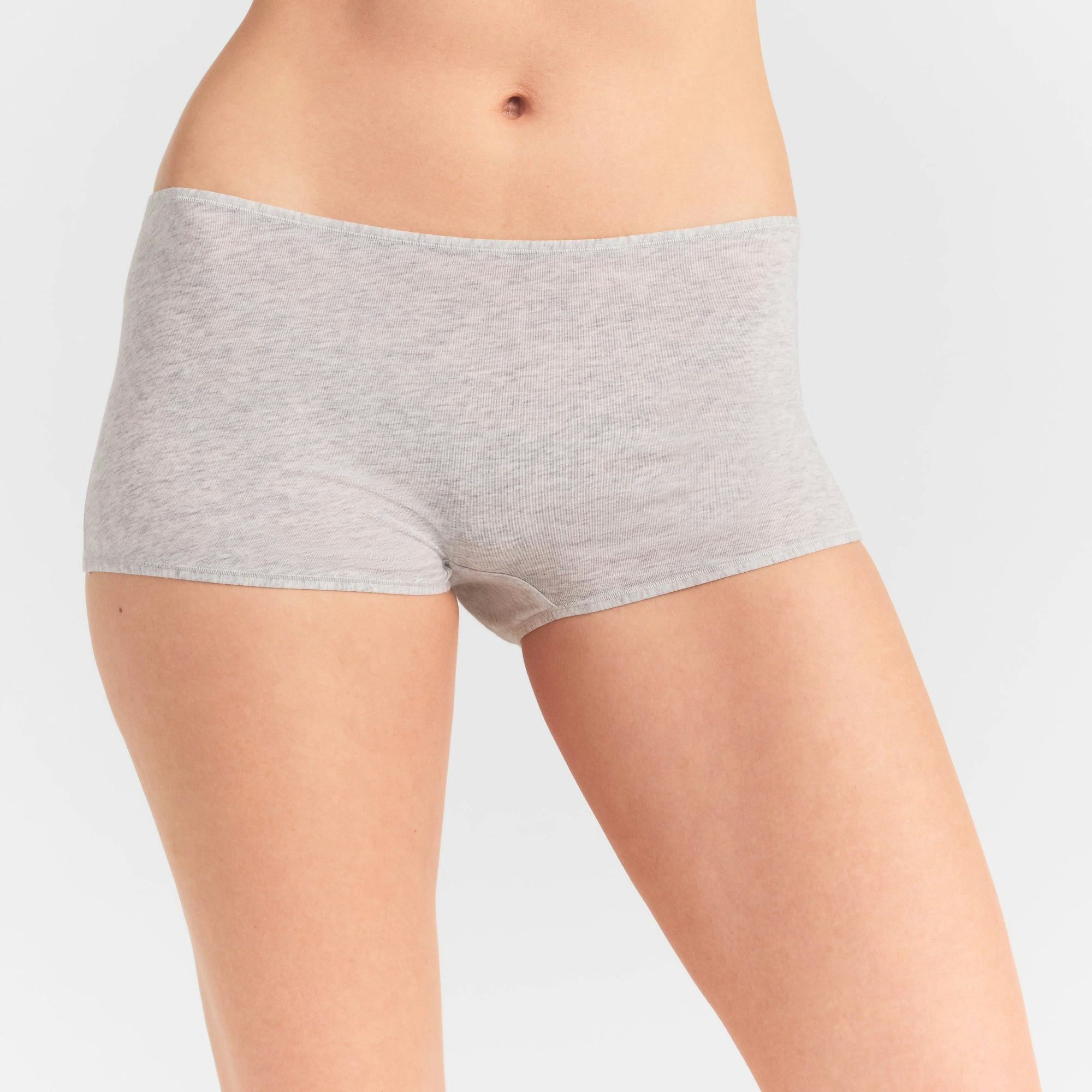 EVERYDAY COTTON BOY SHORT | LIGHT HEATHER GREY ON A MODEL SIDE VIEW @ | FOCUS: 0.0, 1.0, 0.9