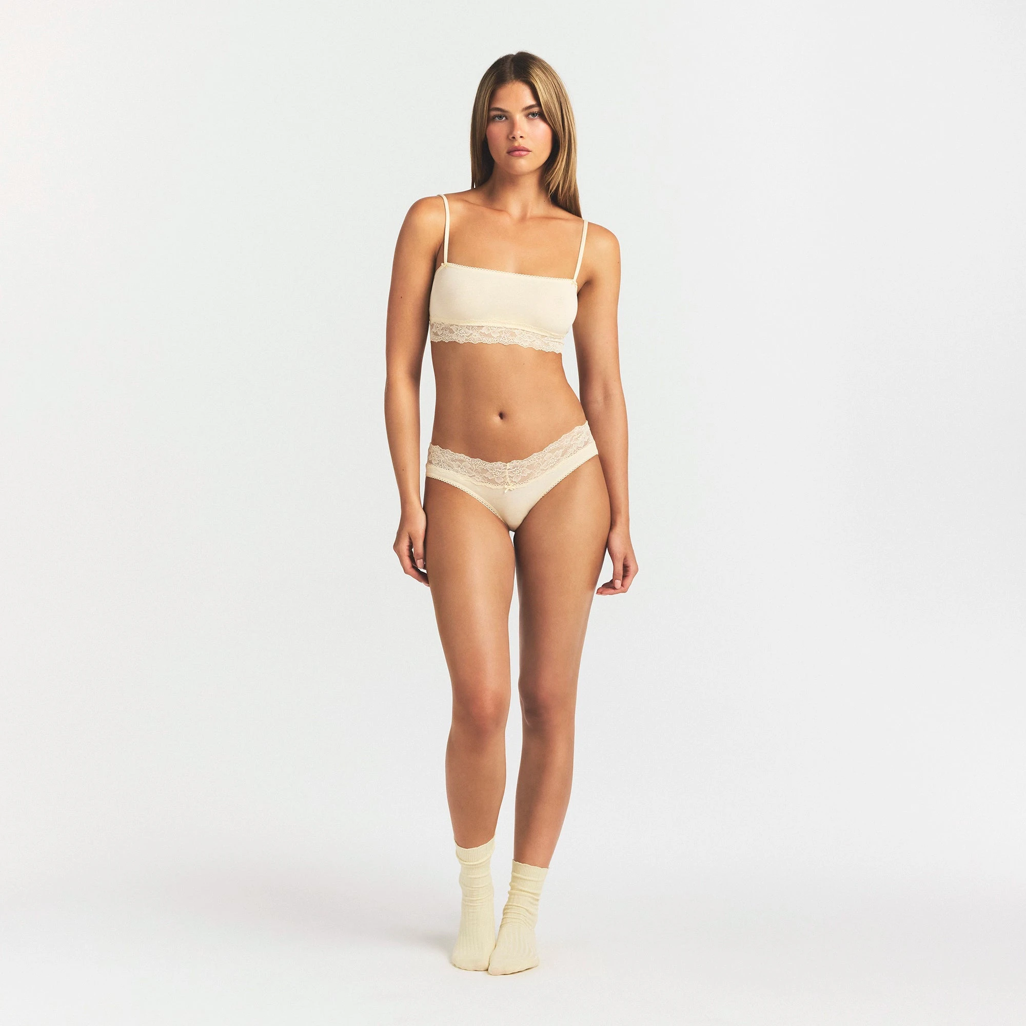 LIGHTWEIGHT COTTON WIDE LACE BRIEF | BUTTER TONAL ON A MODEL FRONT VIEW @ | FOCUS: 0.0, 1.0, 0.9