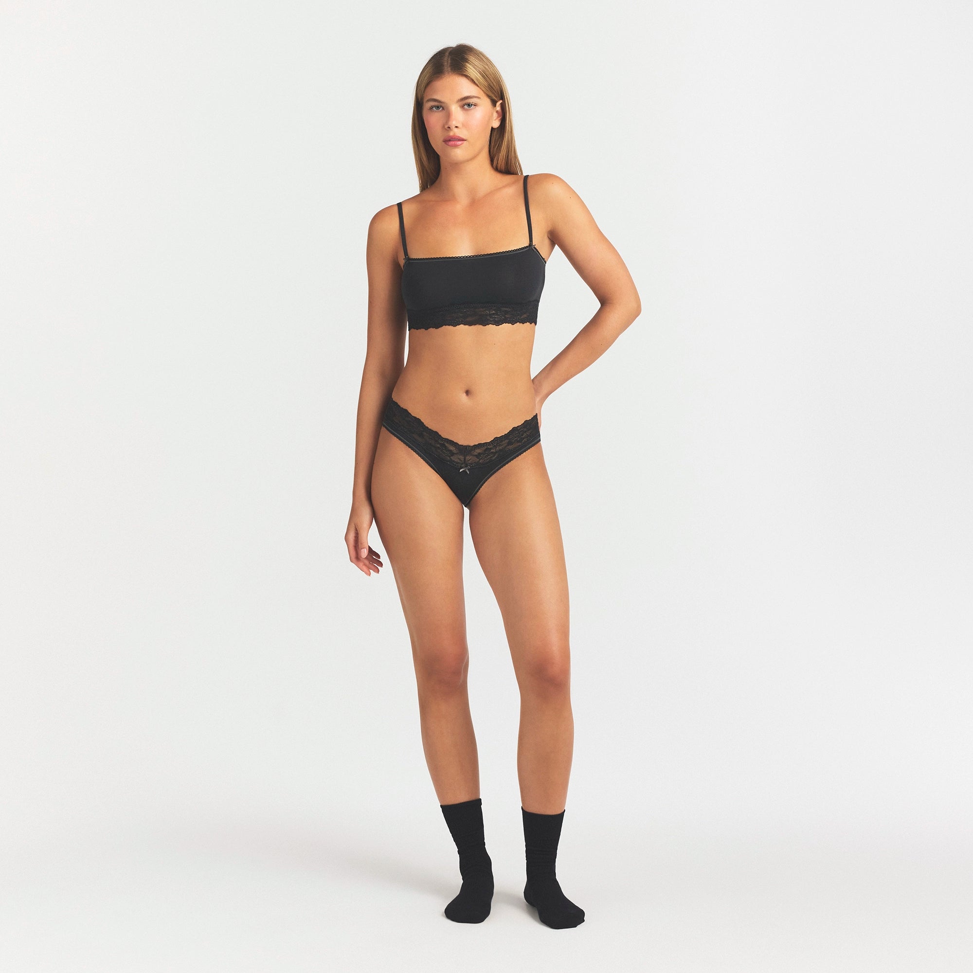 LIGHTWEIGHT COTTON WIDE LACE BRIEF | SOOT TONAL ON A MODEL FRONT VIEW @ | FOCUS: 0.0, 1.0, 0.9