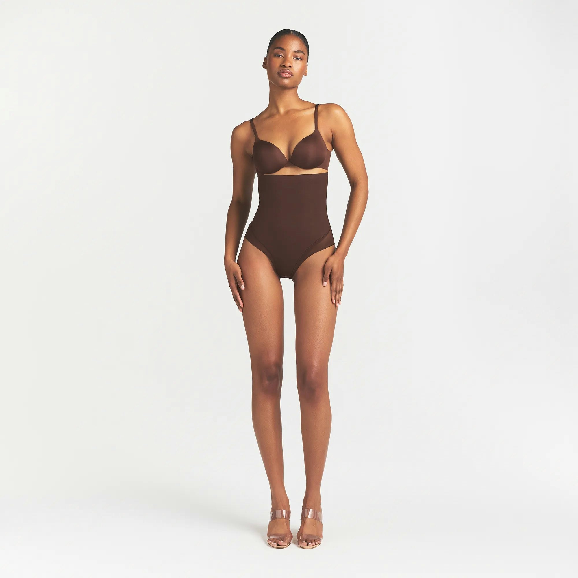 POWER MESH SHAPEWEAR CORE SCULPT HIGH-WAISTED BRIEF | COCOA ON A MODEL FRONT VIEW @ | FOCUS: 0.0, 1.0, 0.9