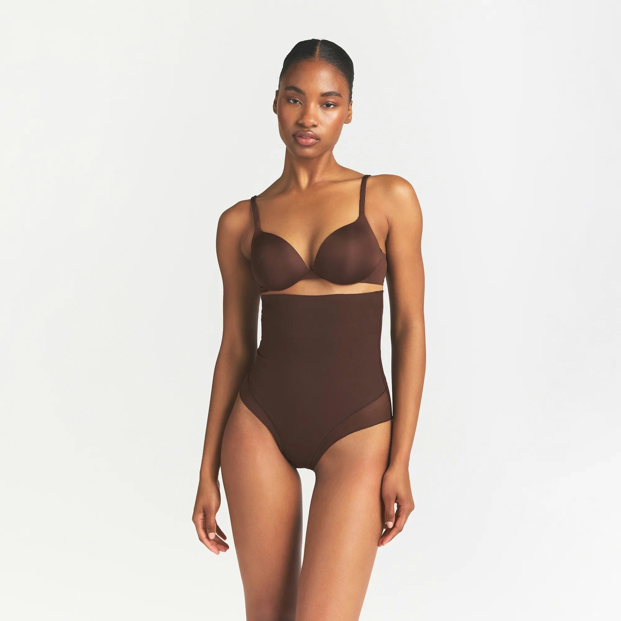 POWER MESH SHAPEWEAR CORE SCULPT HIGH-WAISTED BRIEF | COCOA ON A MODEL FRONT VIEW @ | FOCUS: 0.0, 1.0, 0.9