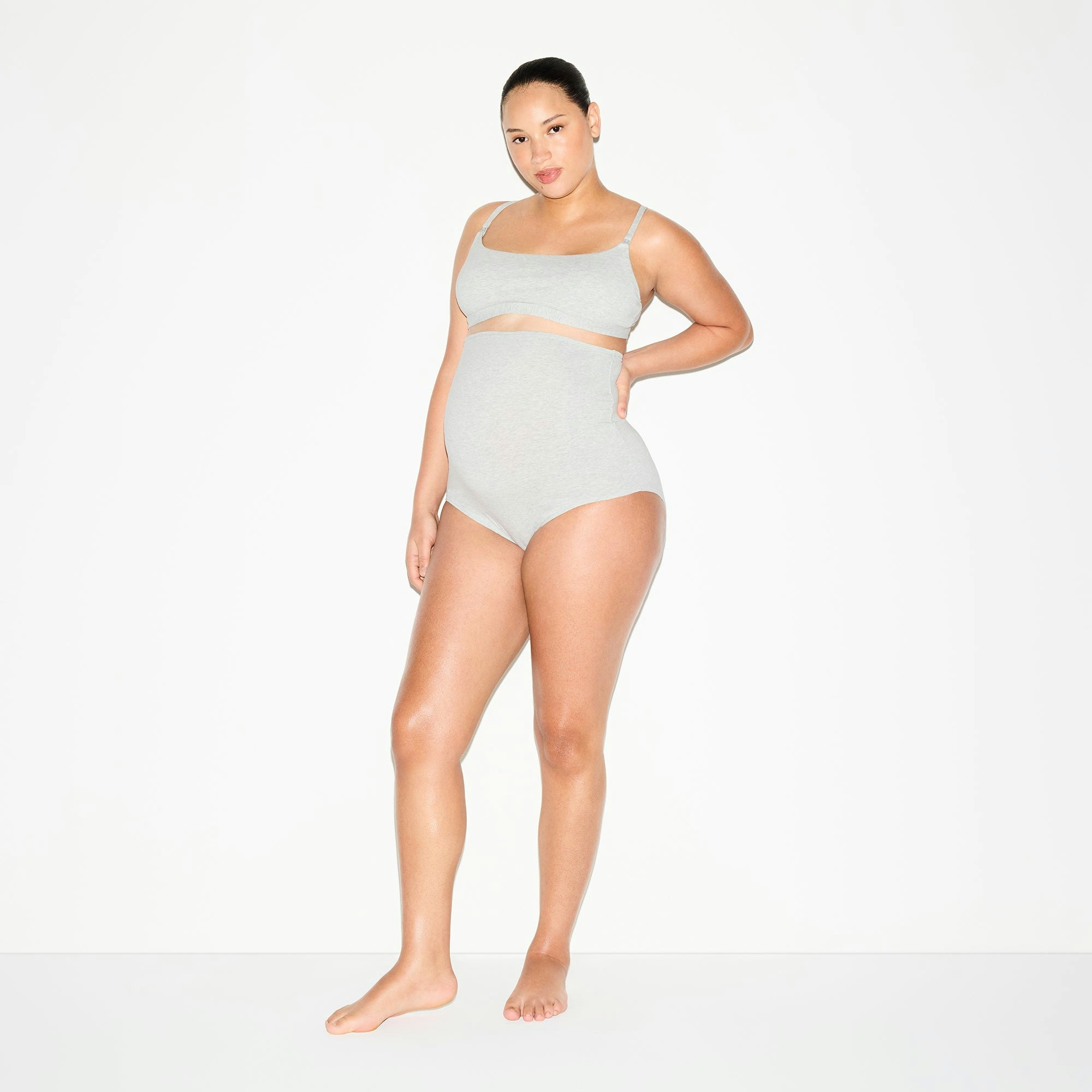 COTTON JERSEY MATERNITY HIGH-WAISTED BRIEF 5-PACK | LIGHT HEATHER GREY ON A MODEL FRONT VIEW @ | FOCUS: 0.0, 1.0, 0.9