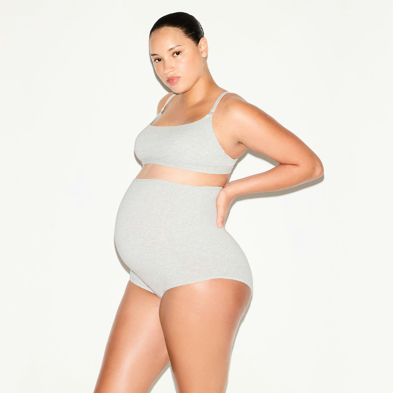 COTTON JERSEY MATERNITY HIGH-WAISTED BRIEF 5-PACK | LIGHT HEATHER GREY ON A MODEL SIDE VIEW @ | FOCUS: 0.0, 1.0, 0.9