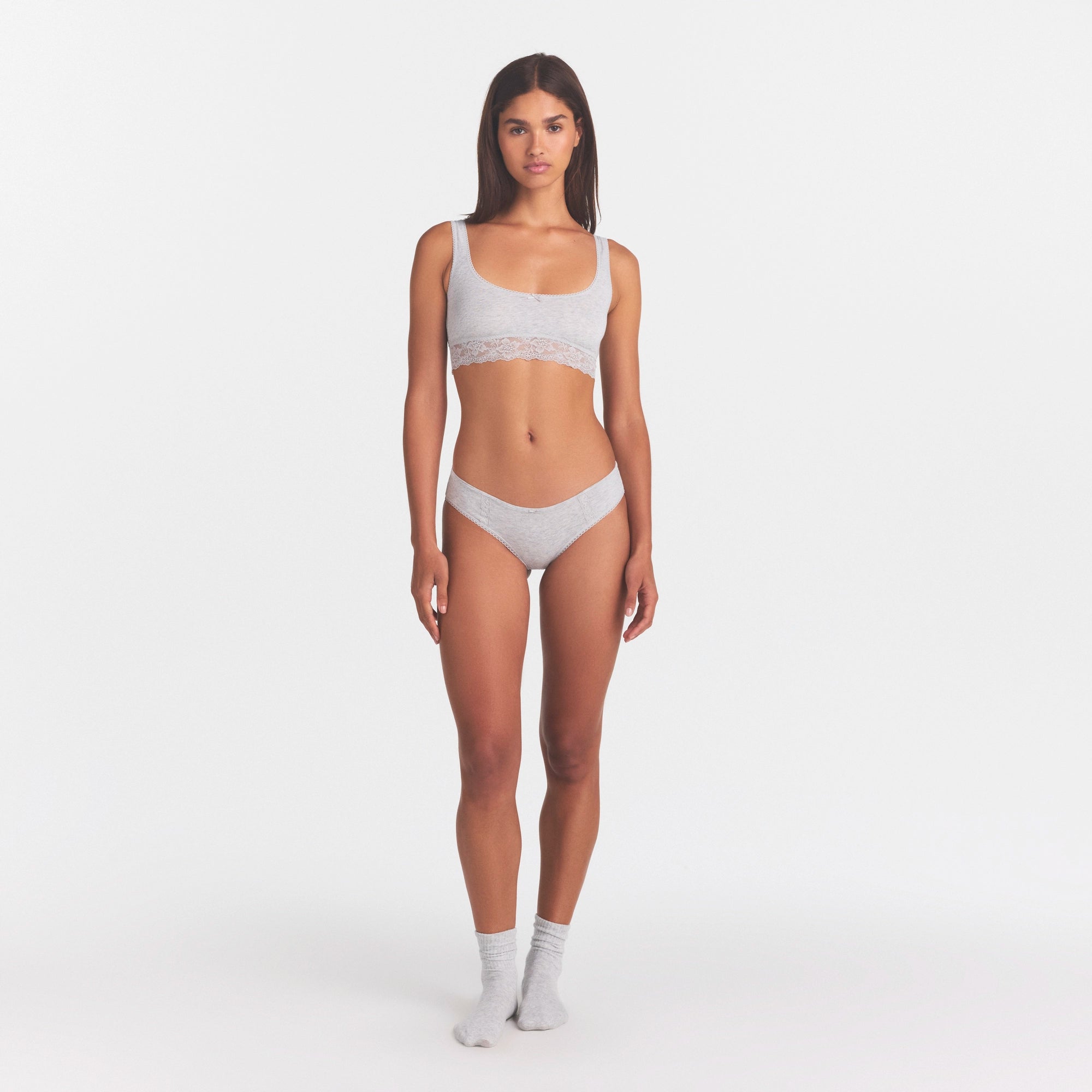 LIGHTWEIGHT COTTON LACE HIPSTER | LIGHT HEATHER GREY ON A MODEL FRONT VIEW  | FOCUS: 0.0, 1.0, 0.9