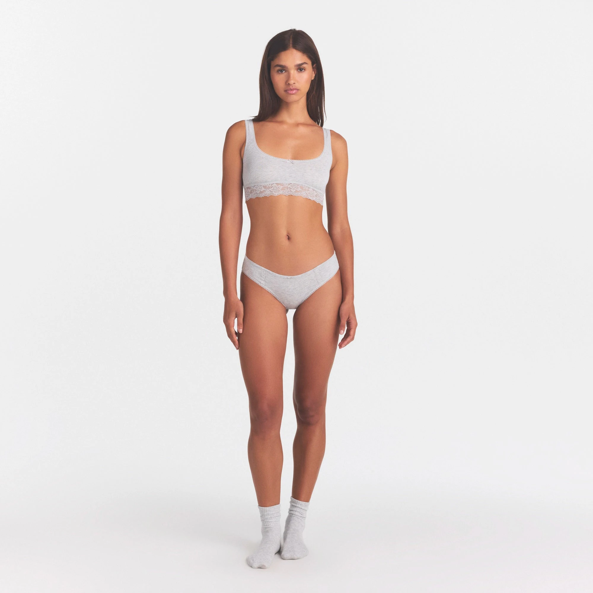 LIGHTWEIGHT COTTON LACE HIPSTER | LIGHT HEATHER GREY ON A MODEL FRONT VIEW  | FOCUS: 0.0, 1.0, 0.9