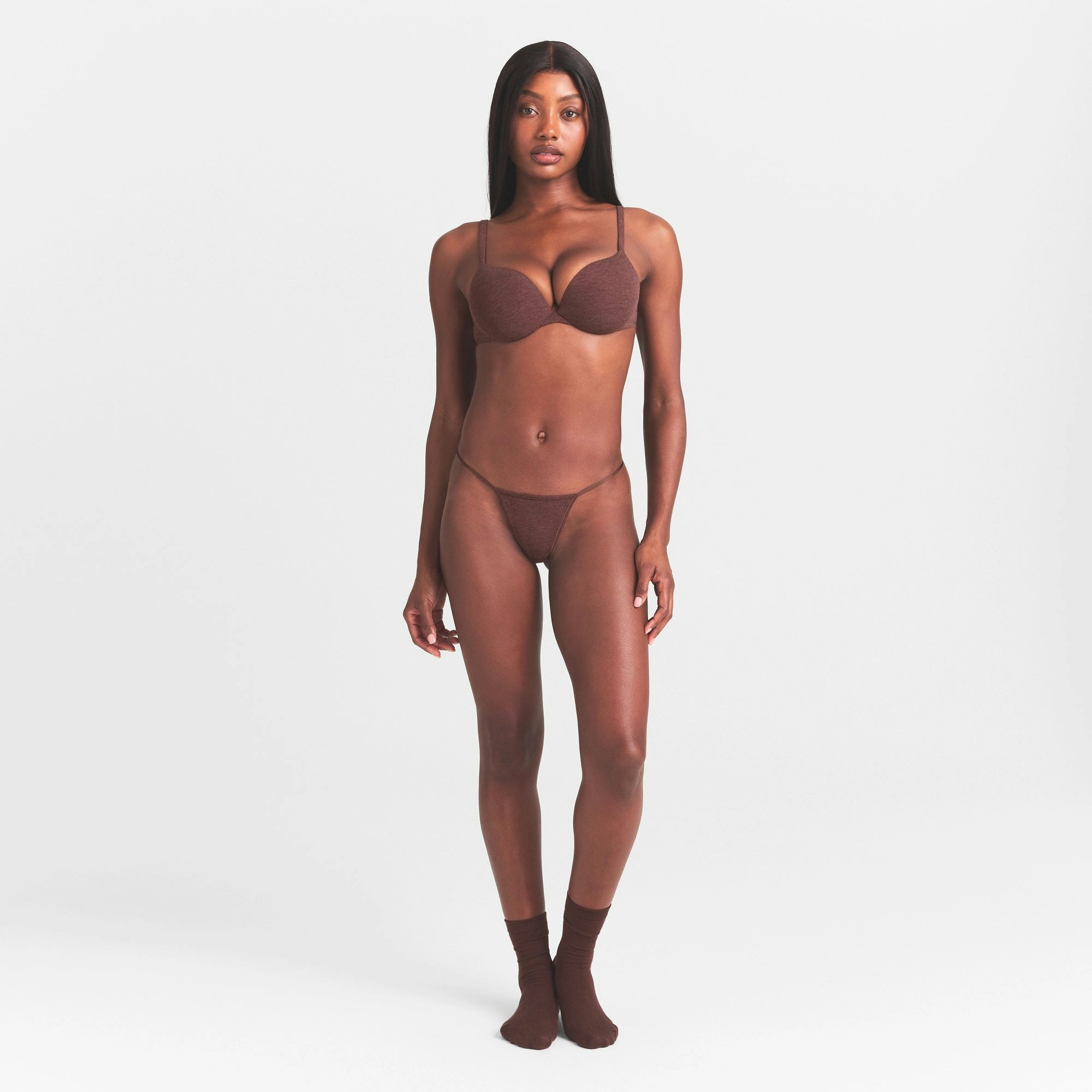 EVERYDAY COTTON STRING THONG | COCOA HEATHER ON A MODEL FRONT VIEW @ | FOCUS: 0.0, 1.0, 0.9