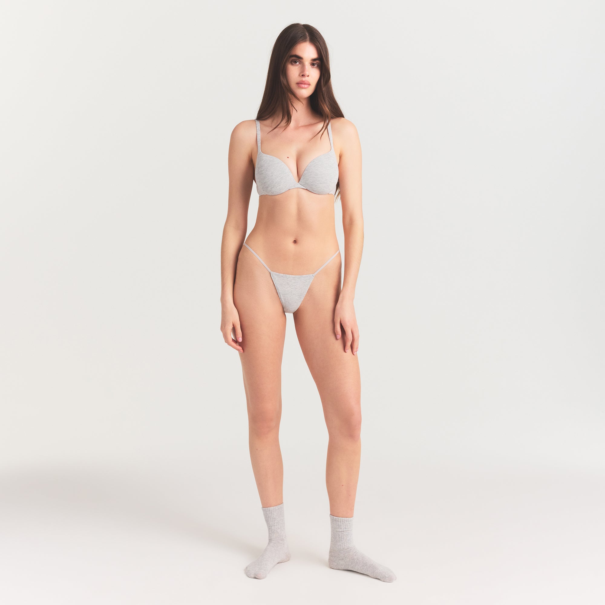 EVERYDAY COTTON STRING THONG | LIGHT HEATHER GREY ON A MODEL FRONT  VIEW @ | FOCUS: 0.0, 1.0, 0.9