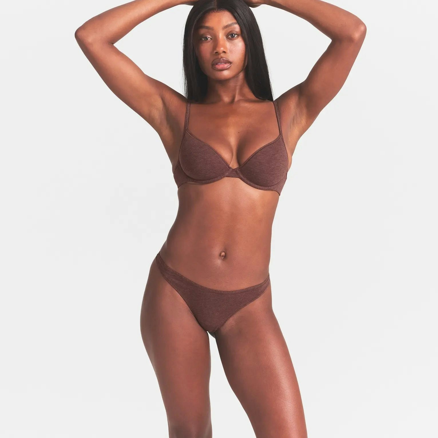 EVERYDAY COTTON THONG | COCOA HEATHER ON A MODEL SIDE VIEW @ | FOCUS: 0.0, 1.0, 0.9