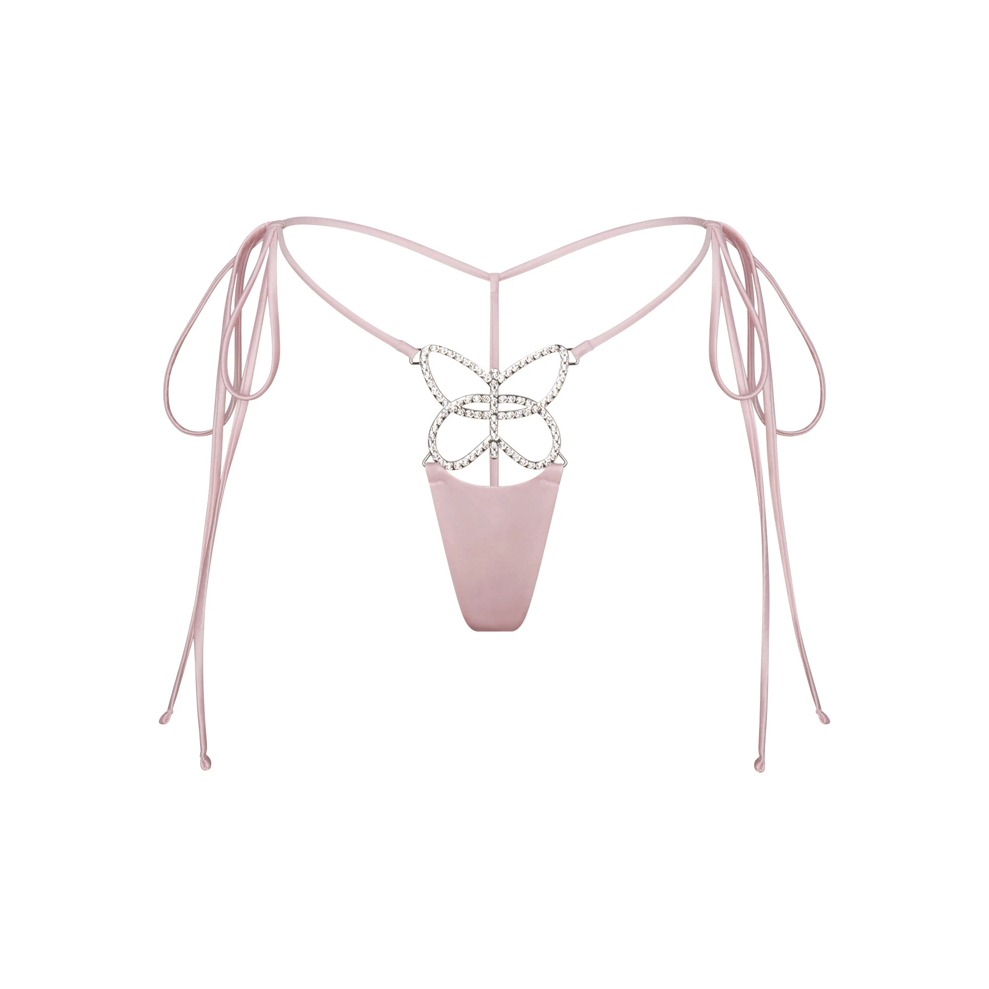 NOVELTY INTIMATES BUTTERFLY CHARM STRING THONG | BABY PINK FLAT ON A WHITE BACKGROUND | @ | FOCUS: 0.0, 1.0, 0.9