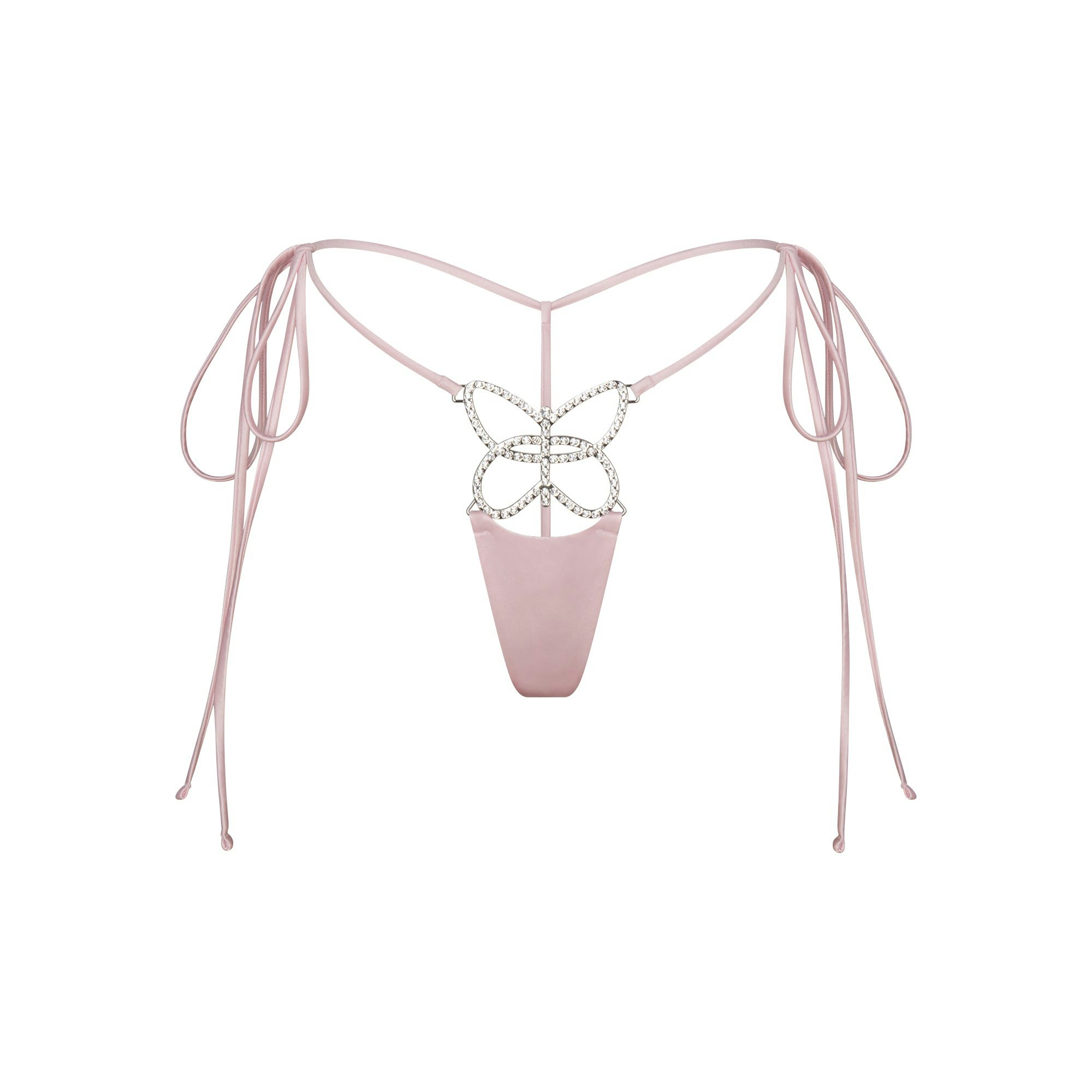 NOVELTY INTIMATES BUTTERFLY CHARM STRING THONG | BABY PINK FLAT ON A WHITE BACKGROUND | @ | FOCUS: 0.0, 1.0, 0.9