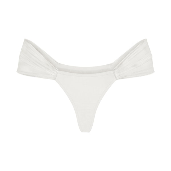 ULTRA FINE MESH DRAPED THONG | IVORY LAYS FLAT ON A WHITE BACKGROUND | FLT 