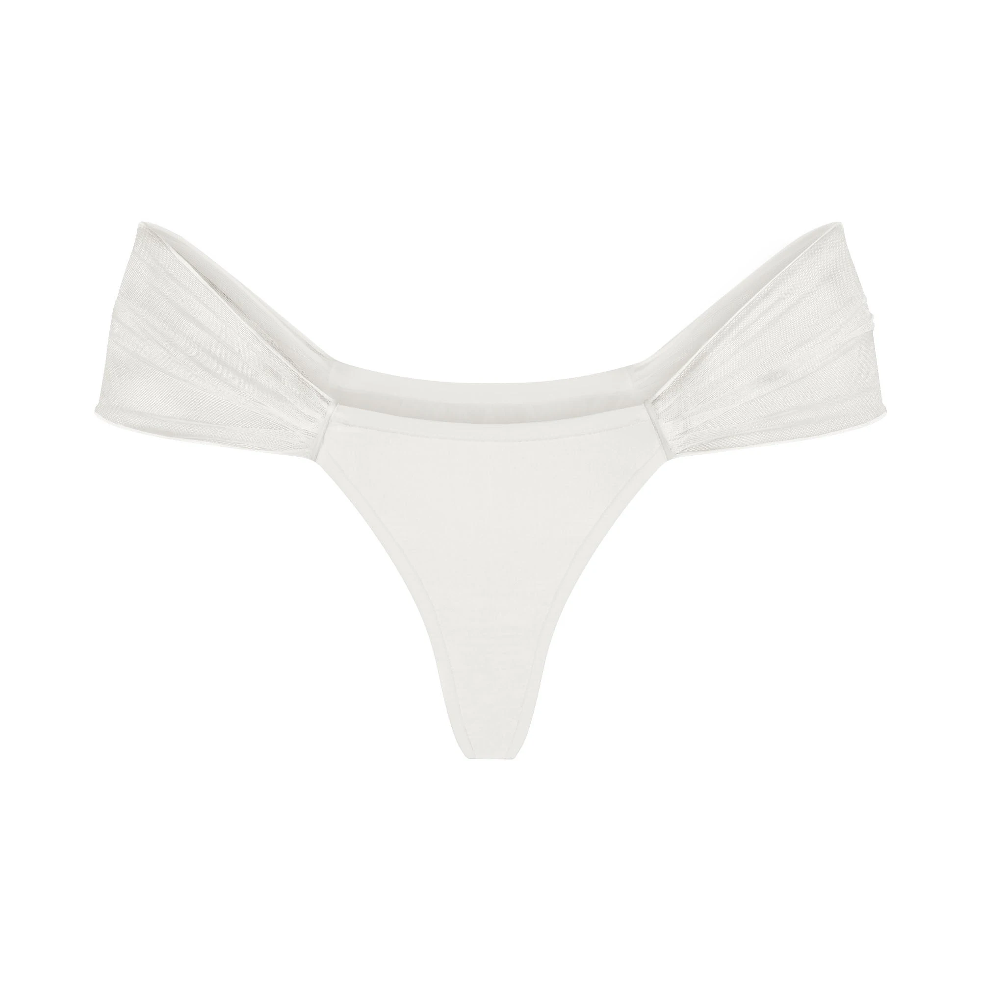 ULTRA FINE MESH DRAPED THONG | IVORY LAYS FLAT ON A WHITE BACKGROUND | FLT