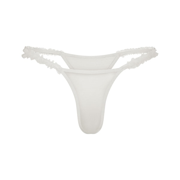 ULTRA FINE MESH RUFFLE STRING THONG | IVORY LAYS FLAT ON A WHITE BACKGROUND | FLT 