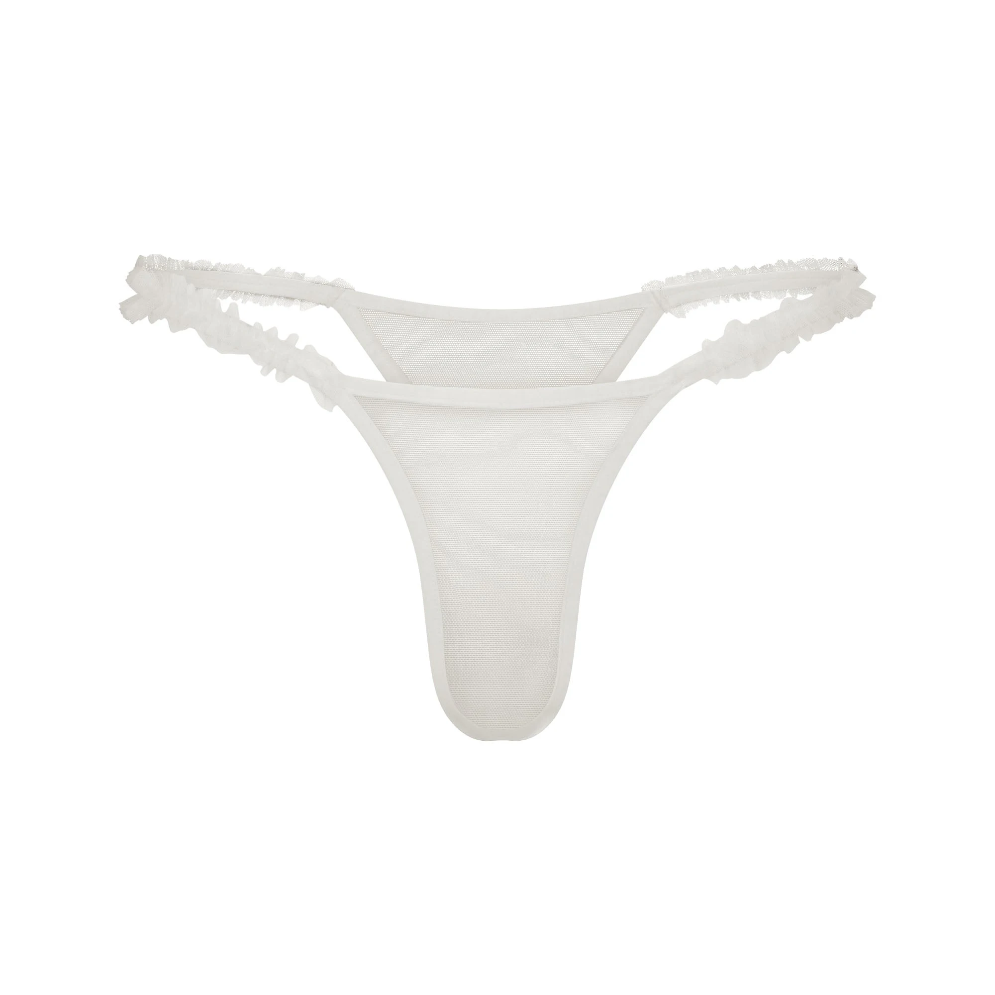 ULTRA FINE MESH RUFFLE STRING THONG | IVORY LAYS FLAT ON A WHITE BACKGROUND | FLT