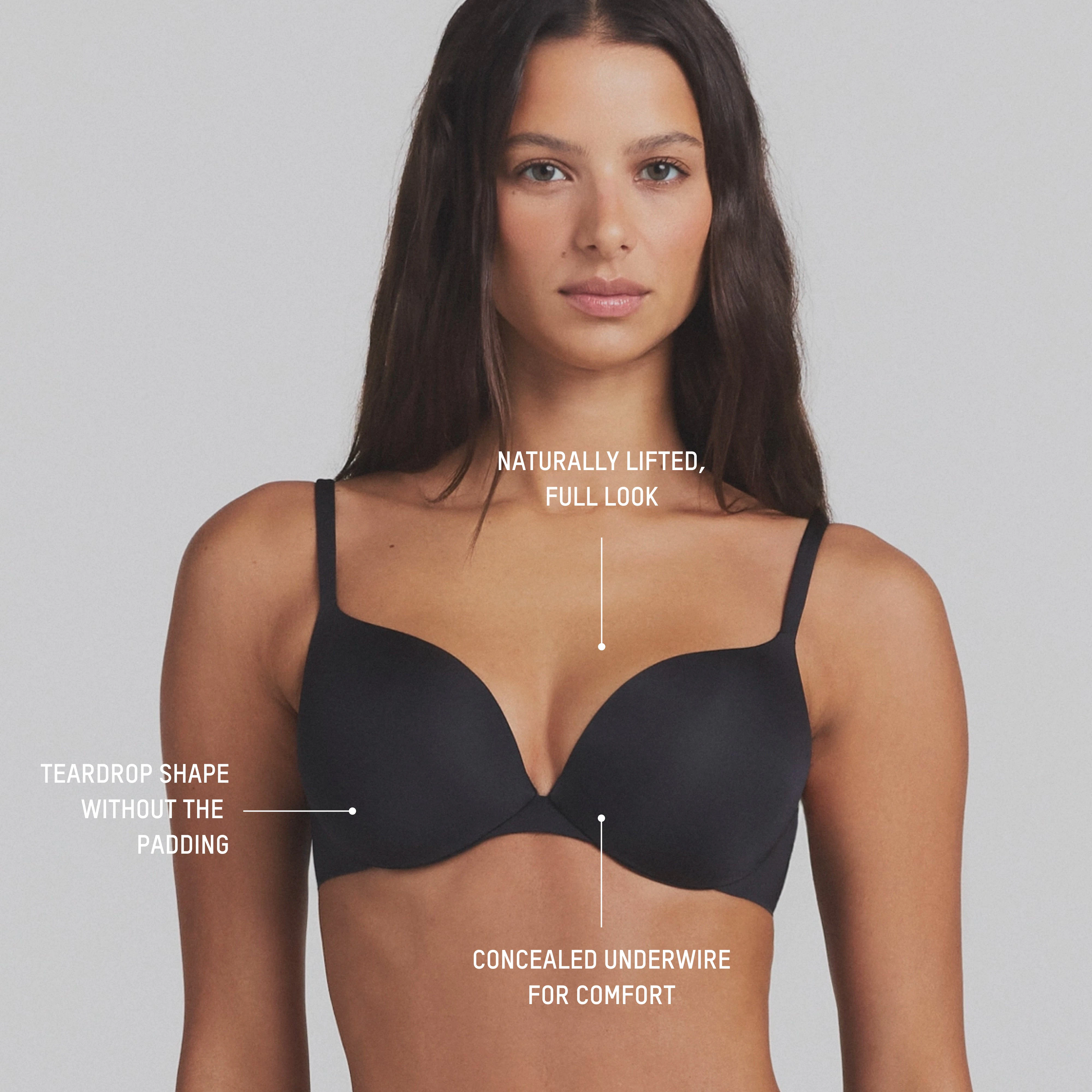 SKIMS ULTIMATE TEARDROP T-SHIRT BRA | ONYX ON A MODEL SIDE VIEW @ | FOCUS: 0.0, 1.0, 0.9