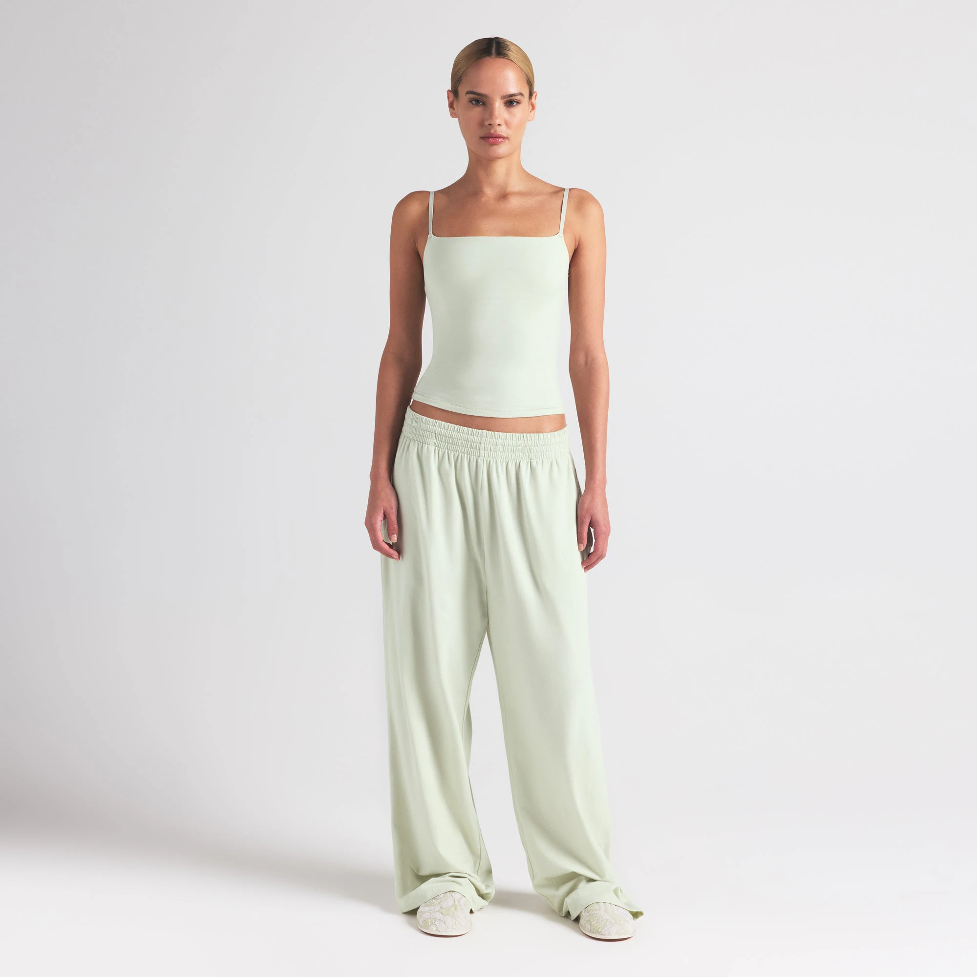 COTTON JERSEY WIDE LEG PANT | SPEARMINT ON A MODEL FRONT VIEW | FOCUS: 0.0, 1.0, 0.9