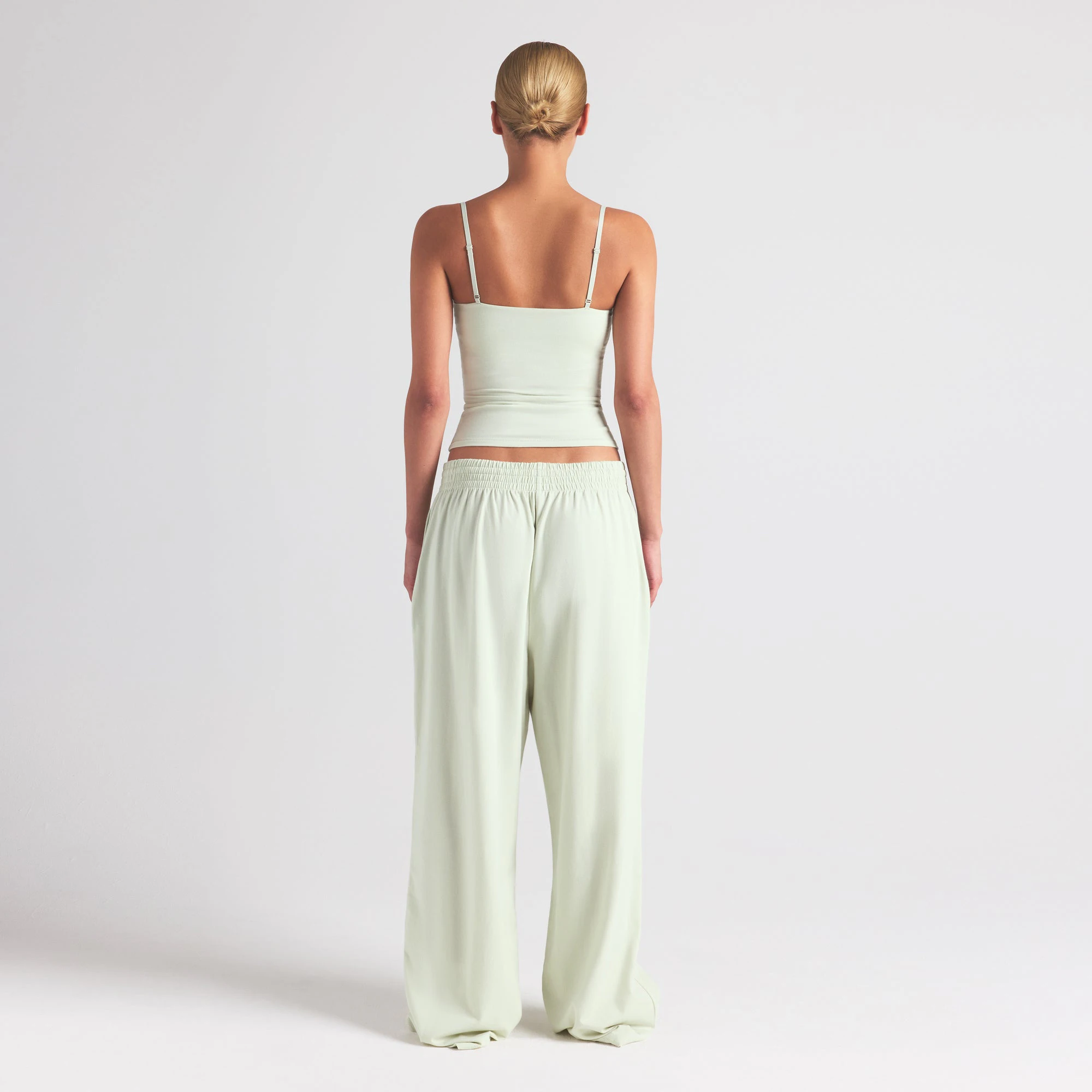 COTTON JERSEY WIDE LEG PANT | SPEARMINT ON A MODEL FRONT VIEW | FOCUS: 0.0, 1.0, 0.9