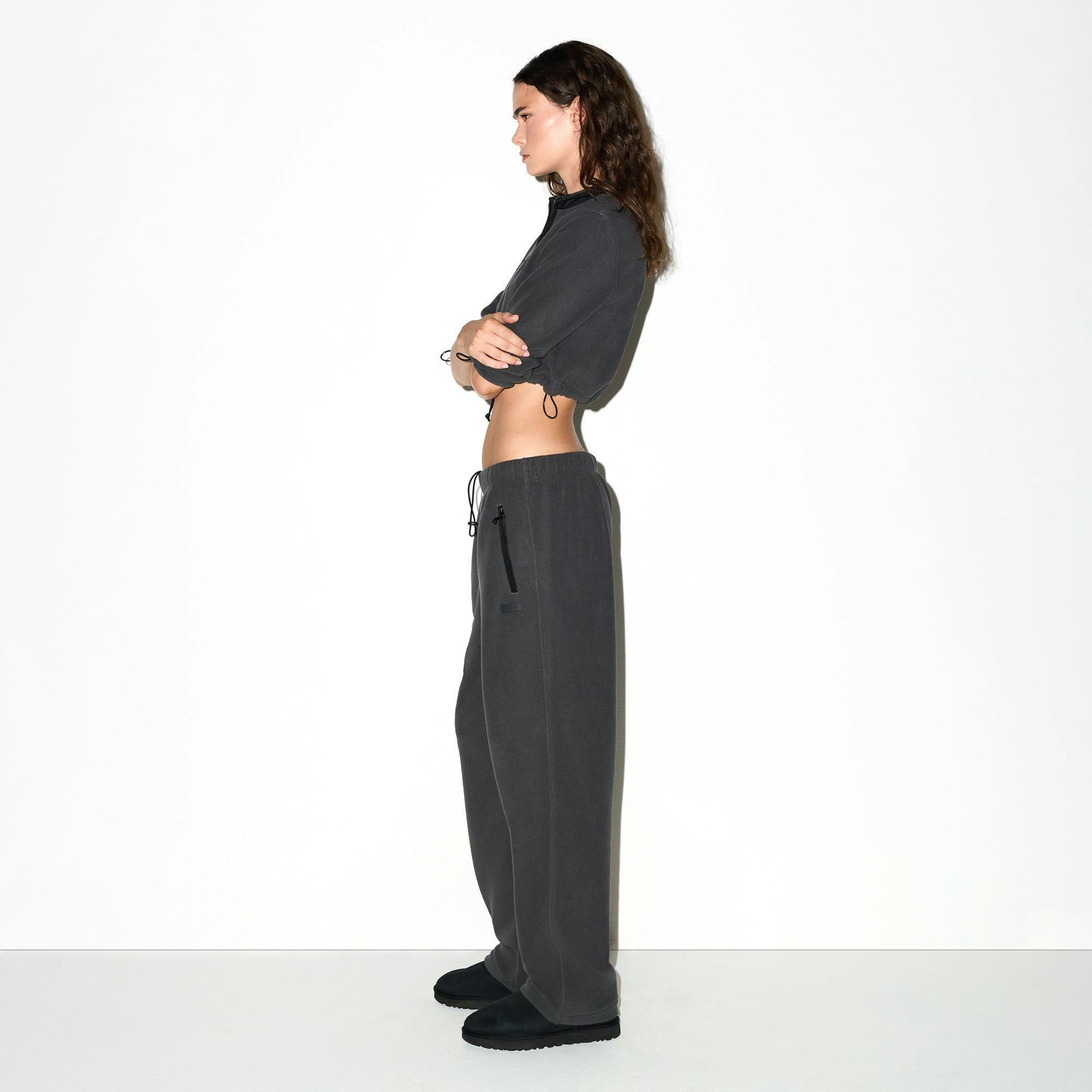 OUTDOOR FLEECE STRAIGHT LEG PANT | ASH ON A MODEL FRONT VIEW @ | FOCUS: 0.0, 1.0, 0.9