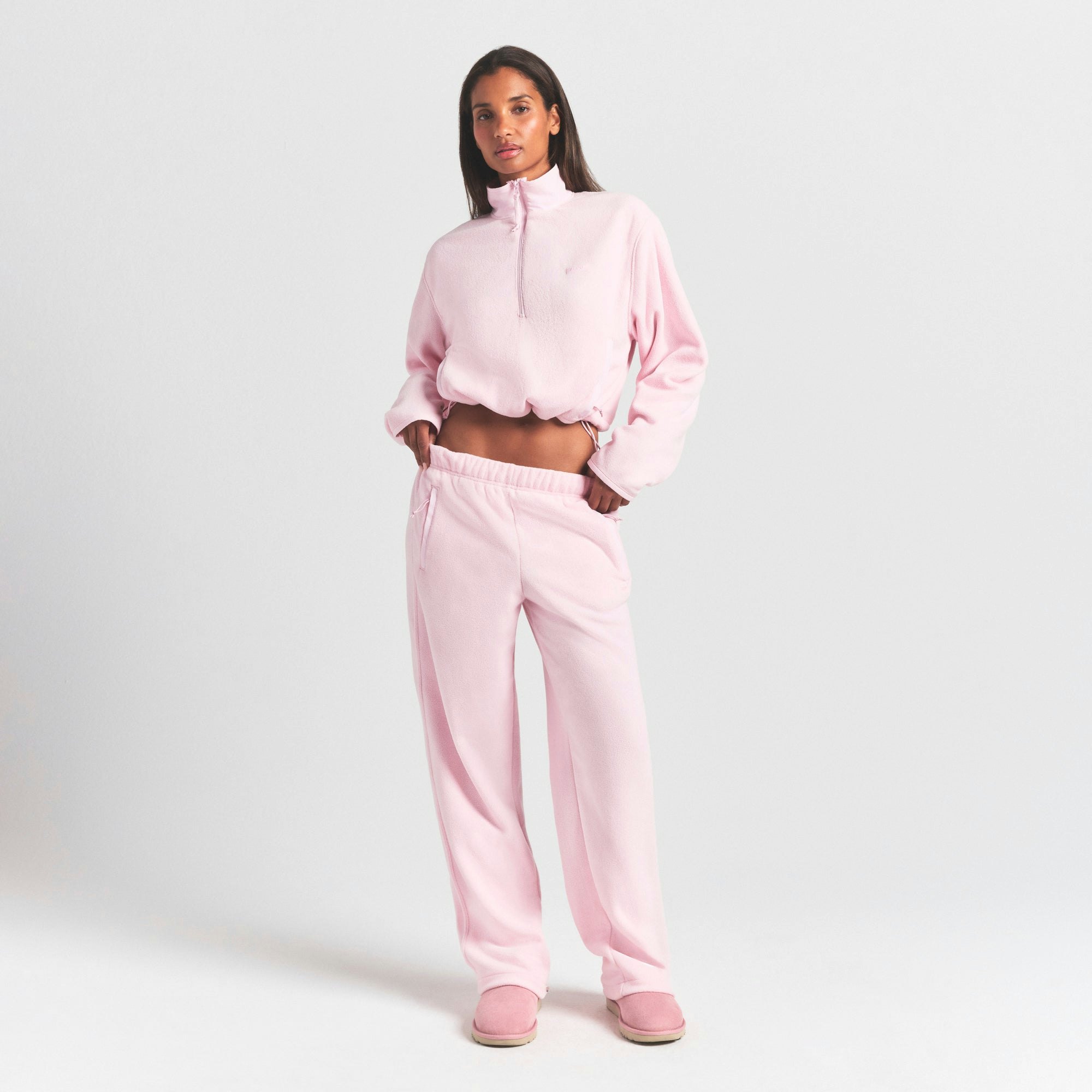 OUTDOOR FLEECE STRAIGHT LEG PANT | CHERRY BLOSSOM ON A MODEL FRONT VIEW @ | FOCUS: 0.0, 1.0, 0.9