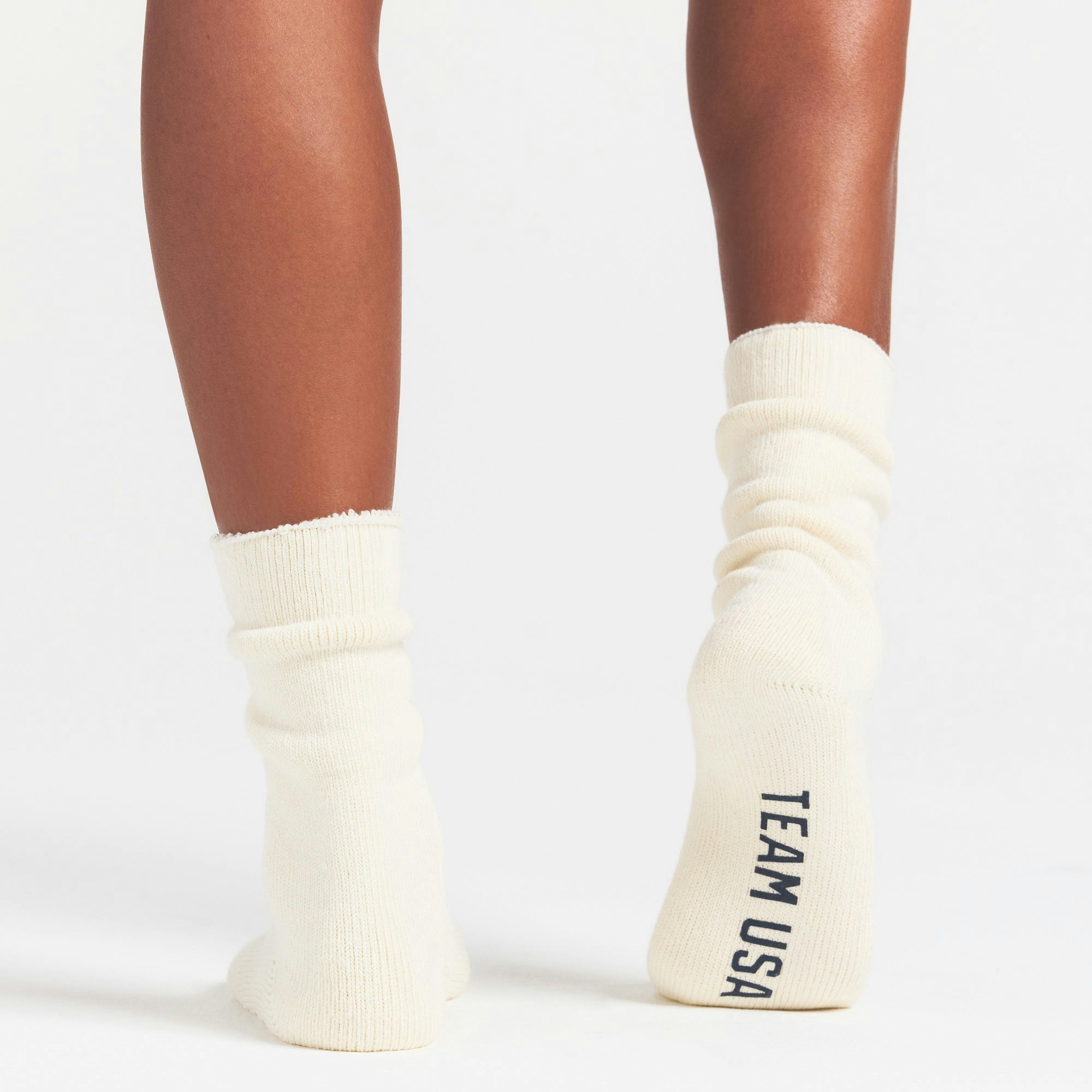 SKIMS FOR TEAM USA OLYMPIC LOUNGE SOCK | ECRUON A MODEL FRONT VIEW @ | FOCUS: 0.0, 1.0, 0.9