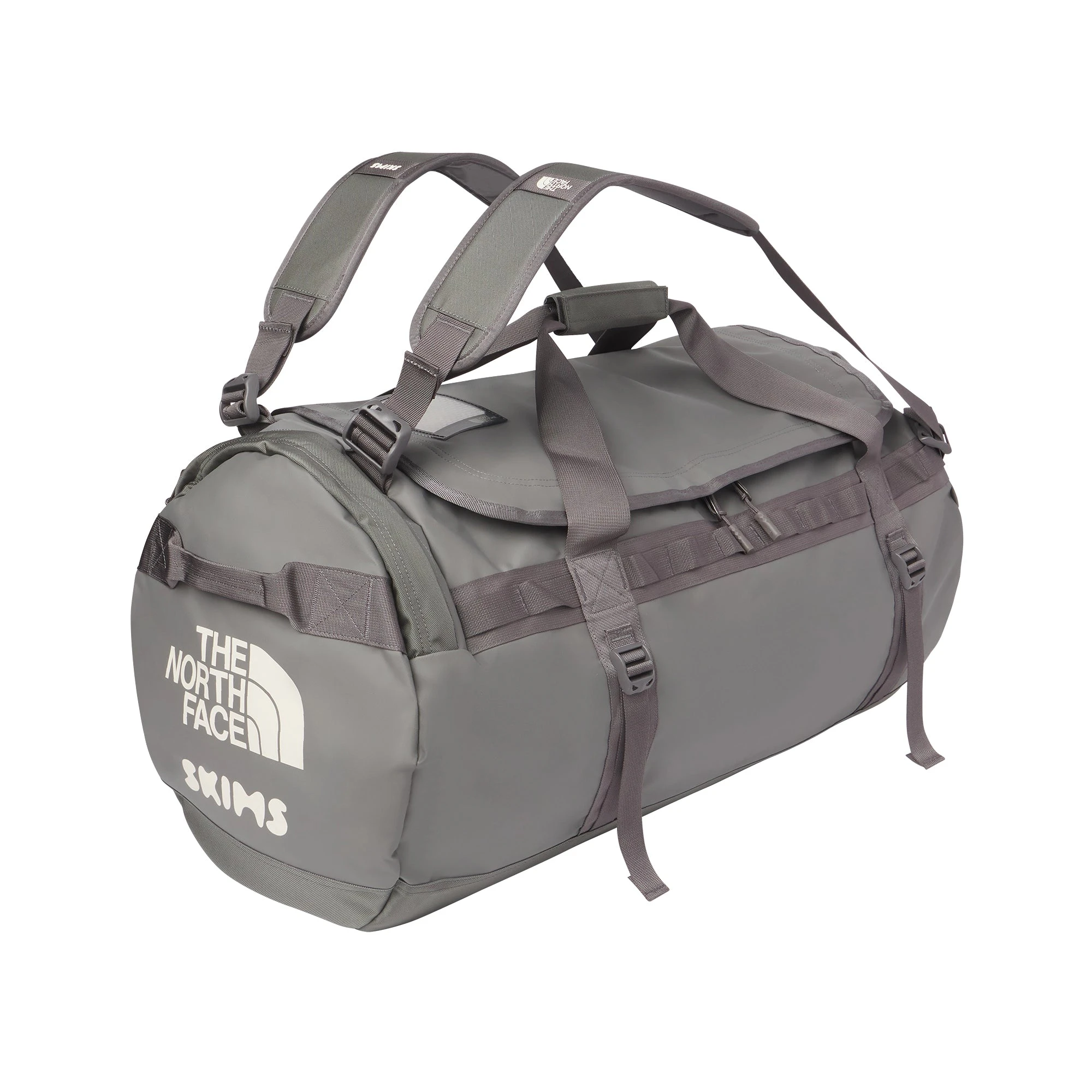 THE NORTH FACE X SKIMS LARGE BASE CAMP DUFFLE BAG | GUNMETAL FLAT ON A WHITE BACKGROUND | FLT