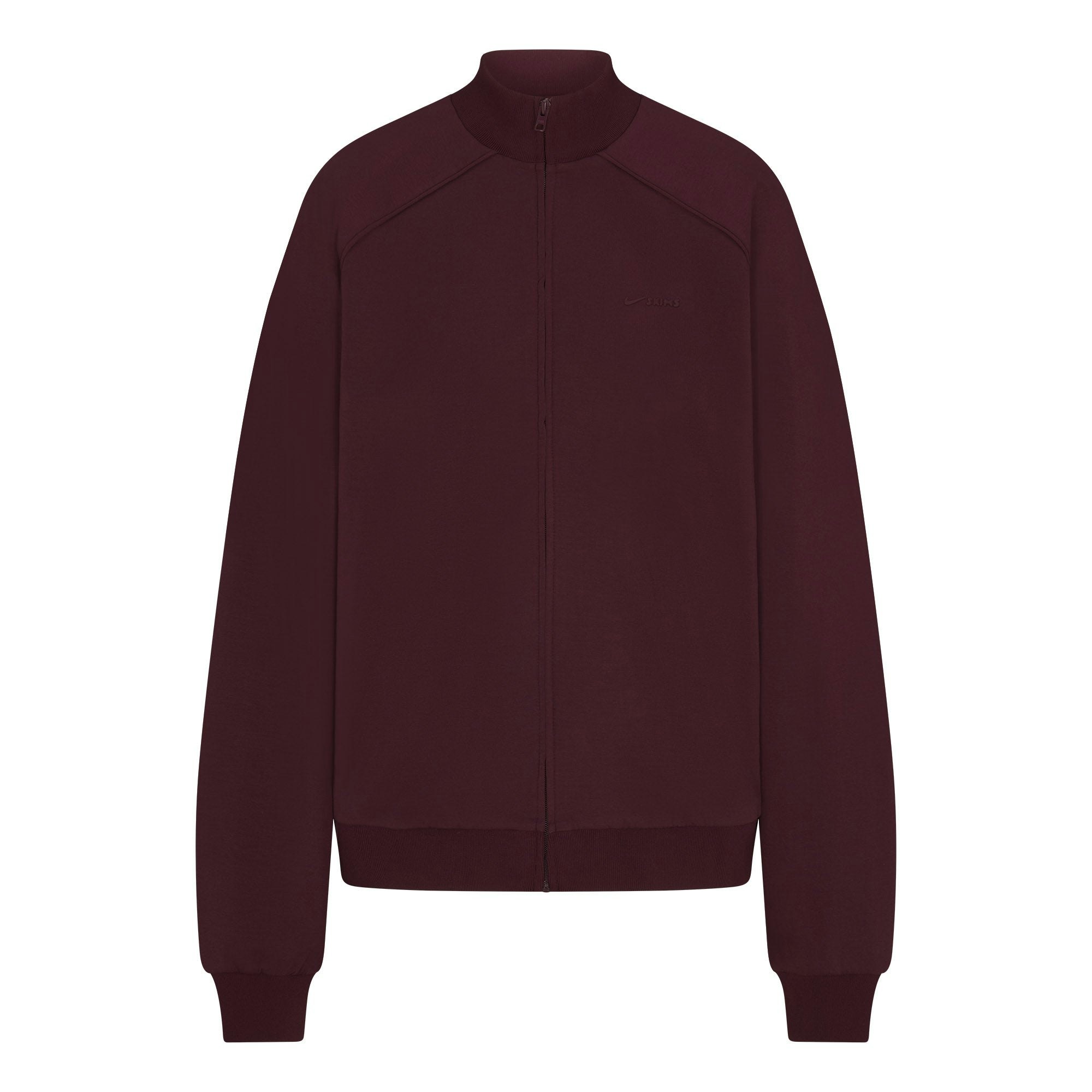 NikeSKIMS MATTE TRICOT OVERSIZED TRACK JACKET | CURRANT FLAT ON A WHITE BACKGROUND | FLT