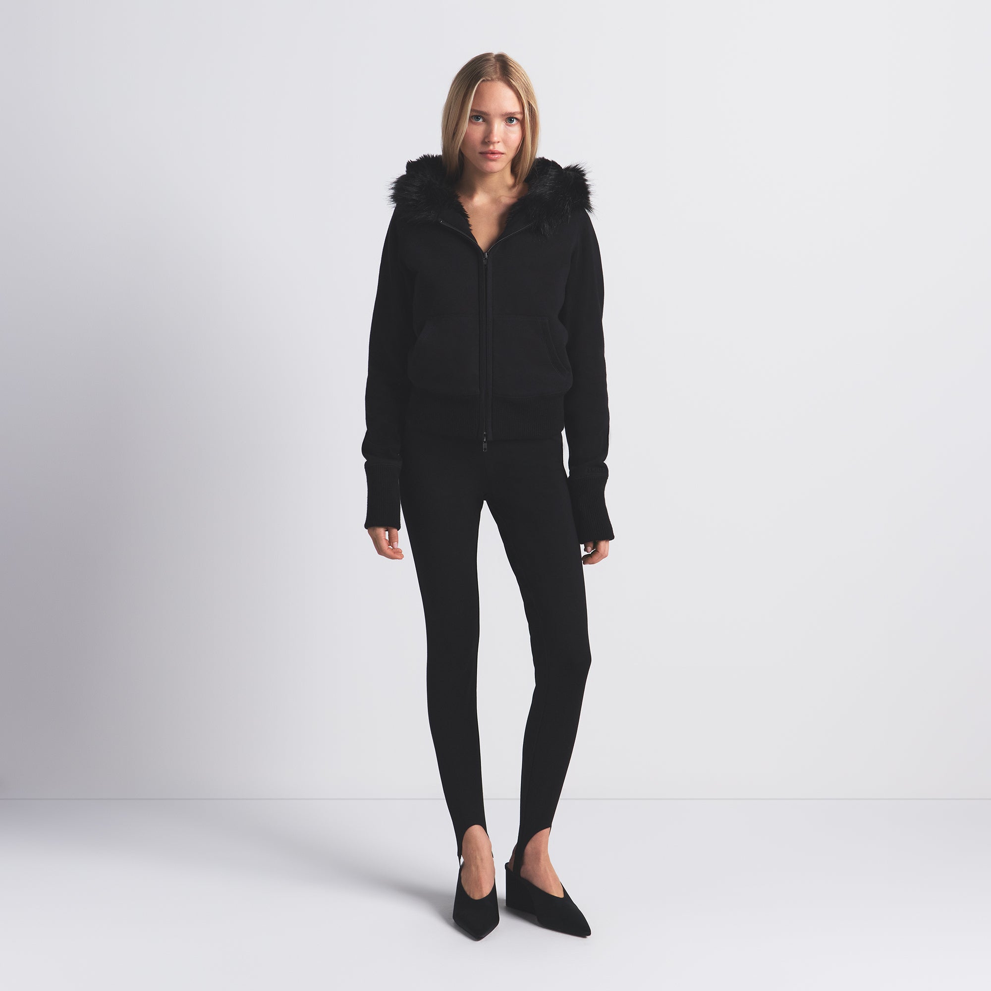 COTTON FLEECE FAUX FUR LINED ZIP UP HOODIE | ONYX | SKIMS