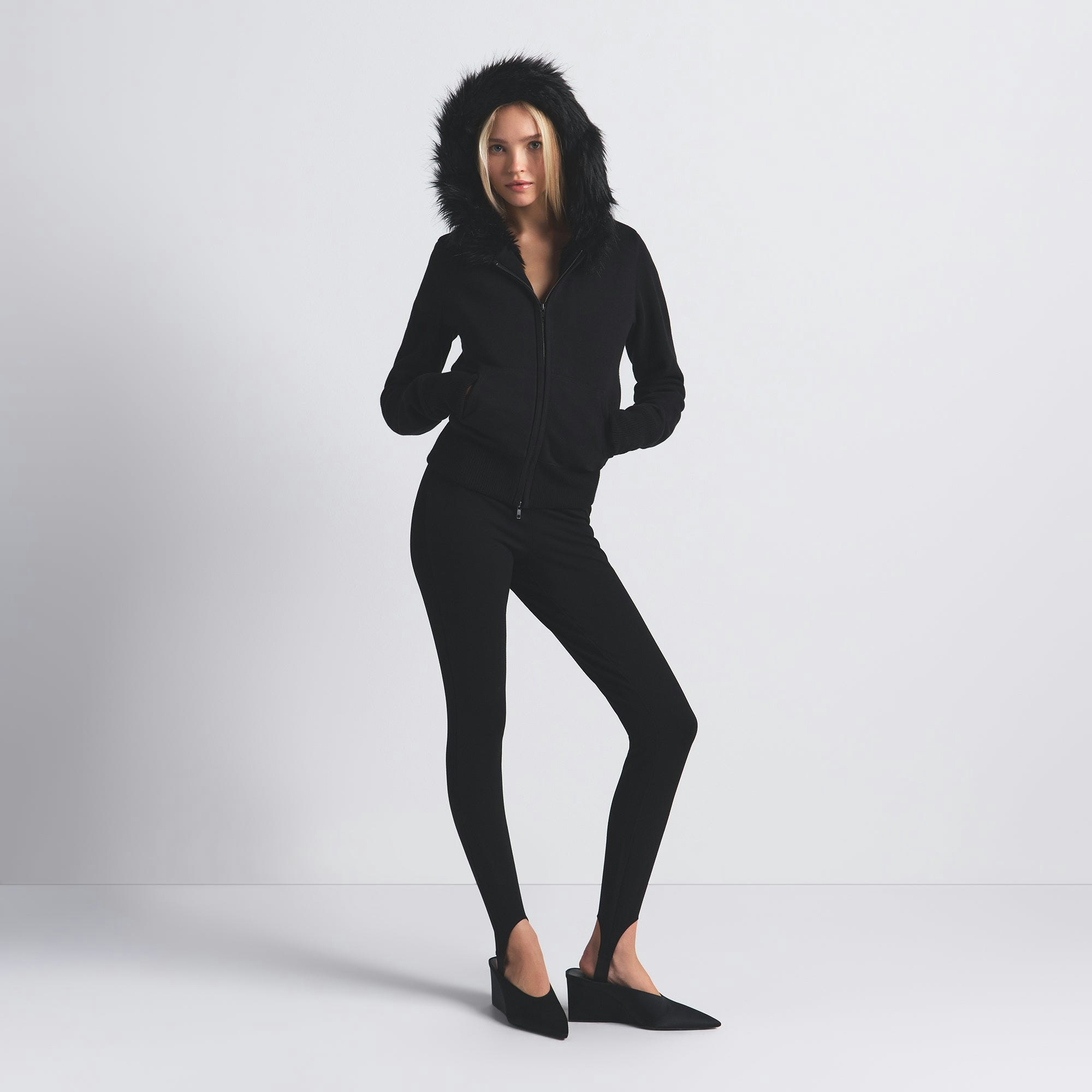 COTTON FLEECE FUR LINED ZIP UP HOODIE | ONYX ON A MODEL FRONT VIEW @ | FOCUS: 0.0, 1.0, 0.9