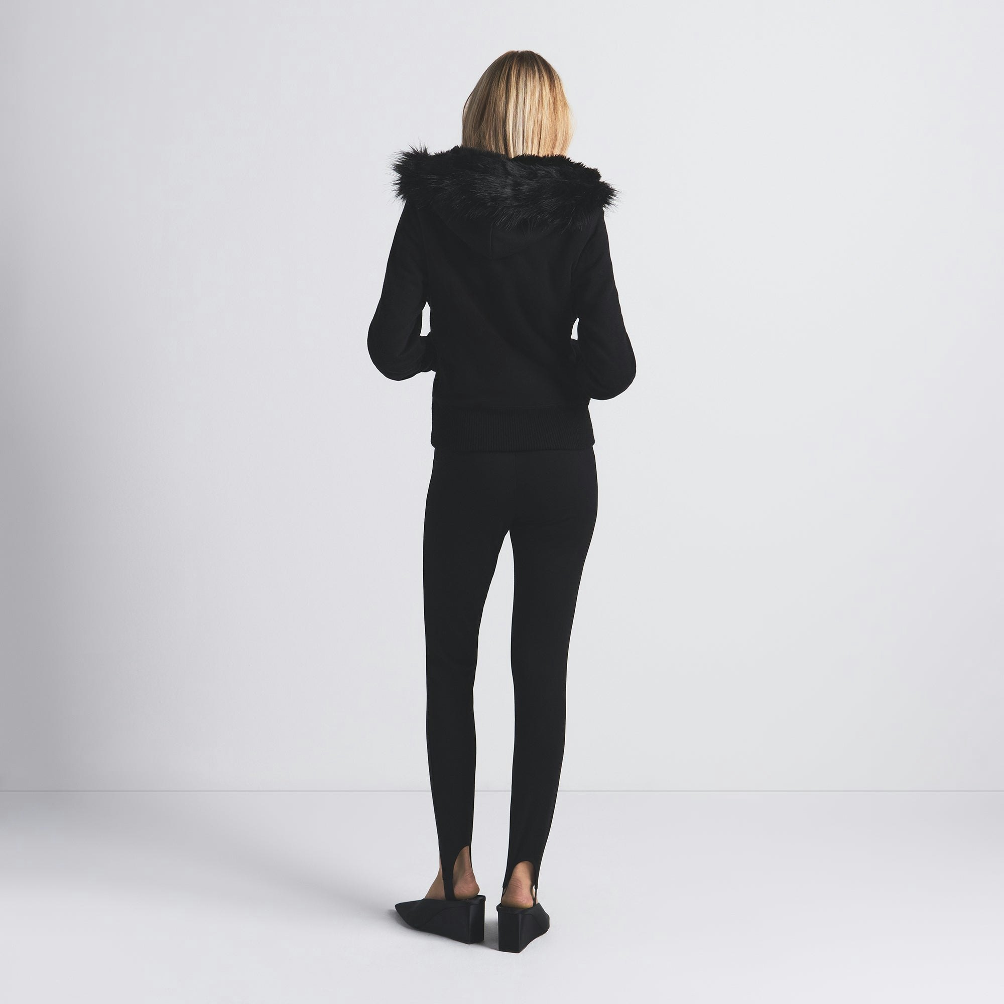 COTTON FLEECE FUR LINED ZIP UP HOODIE | ONYX ON A MODEL BACK VIEW @ | FOCUS: 0.0, 1.0, 0.9