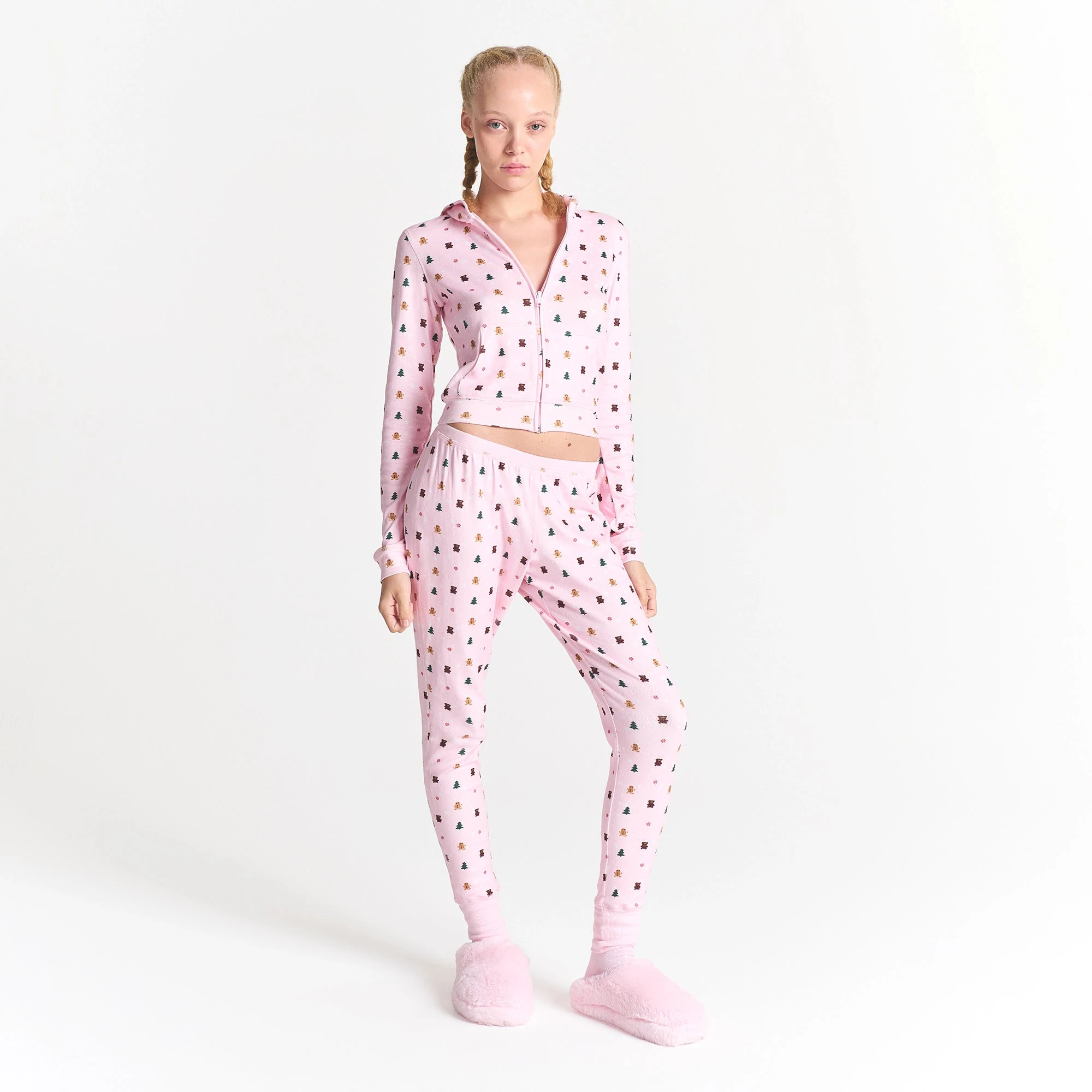 CACTUS PLANT FLEA MARKET X SKIMS PLUSH POINTELLE ZIP UP HOODIE | CHERRY BLOSSOM SNOW PRINT ON A MODEL FRONT VIEW @ | FOCUS: 0.0, 1.0, 0.9