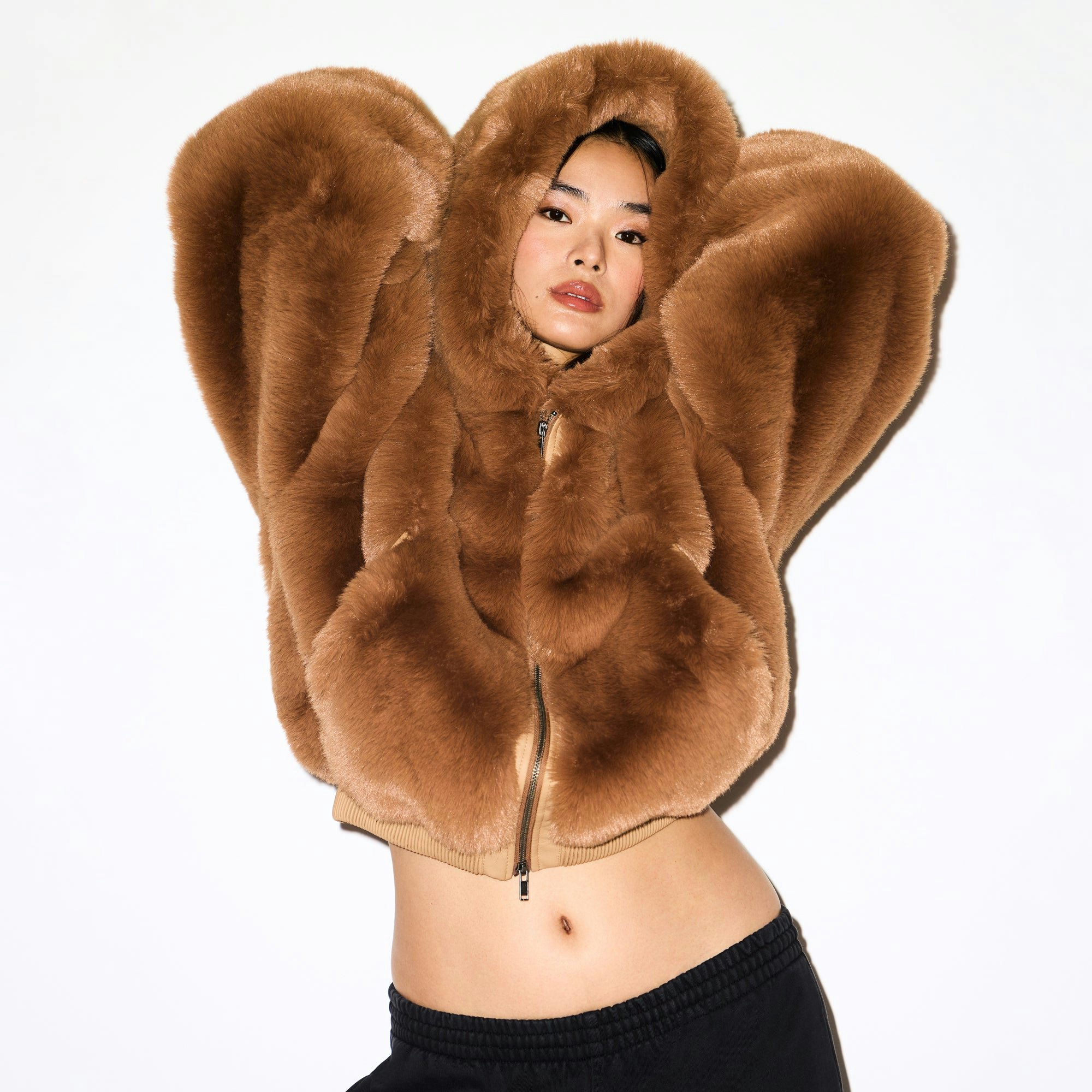 FAUX FUR ZIP UP JACKET | CAMEL ON A MODEL SIDE VIEW @ | FOCUS: 0.0, 1.0, 0.9