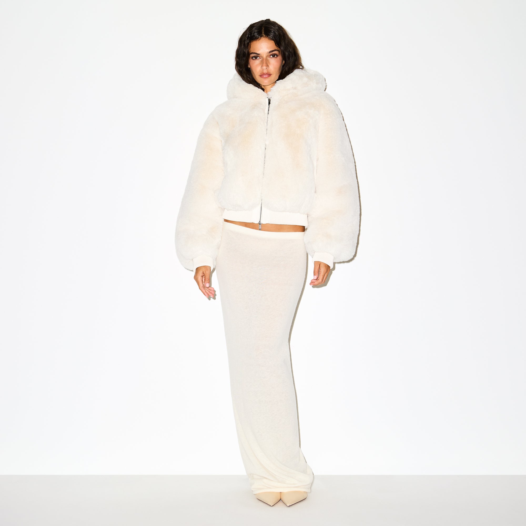 FAUX FUR ZIP UP JACKET | EGRET