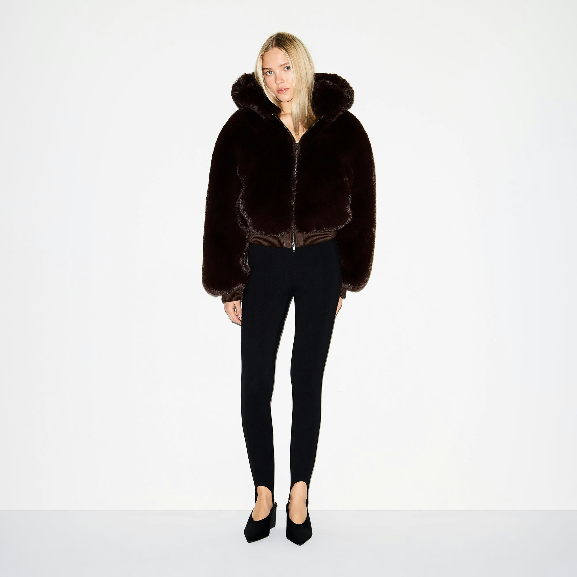 FAUX FUR ZIP UP JACKET | ESPRESSO ON A MODEL FRONT VIEW @ | FOCUS: 0.0, 1.0, 0.9