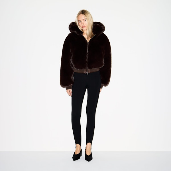 FAUX FUR ZIP UP JACKET | ESPRESSO ON A MODEL FRONT VIEW @ | FOCUS: 0.0, 1.0, 0.9
