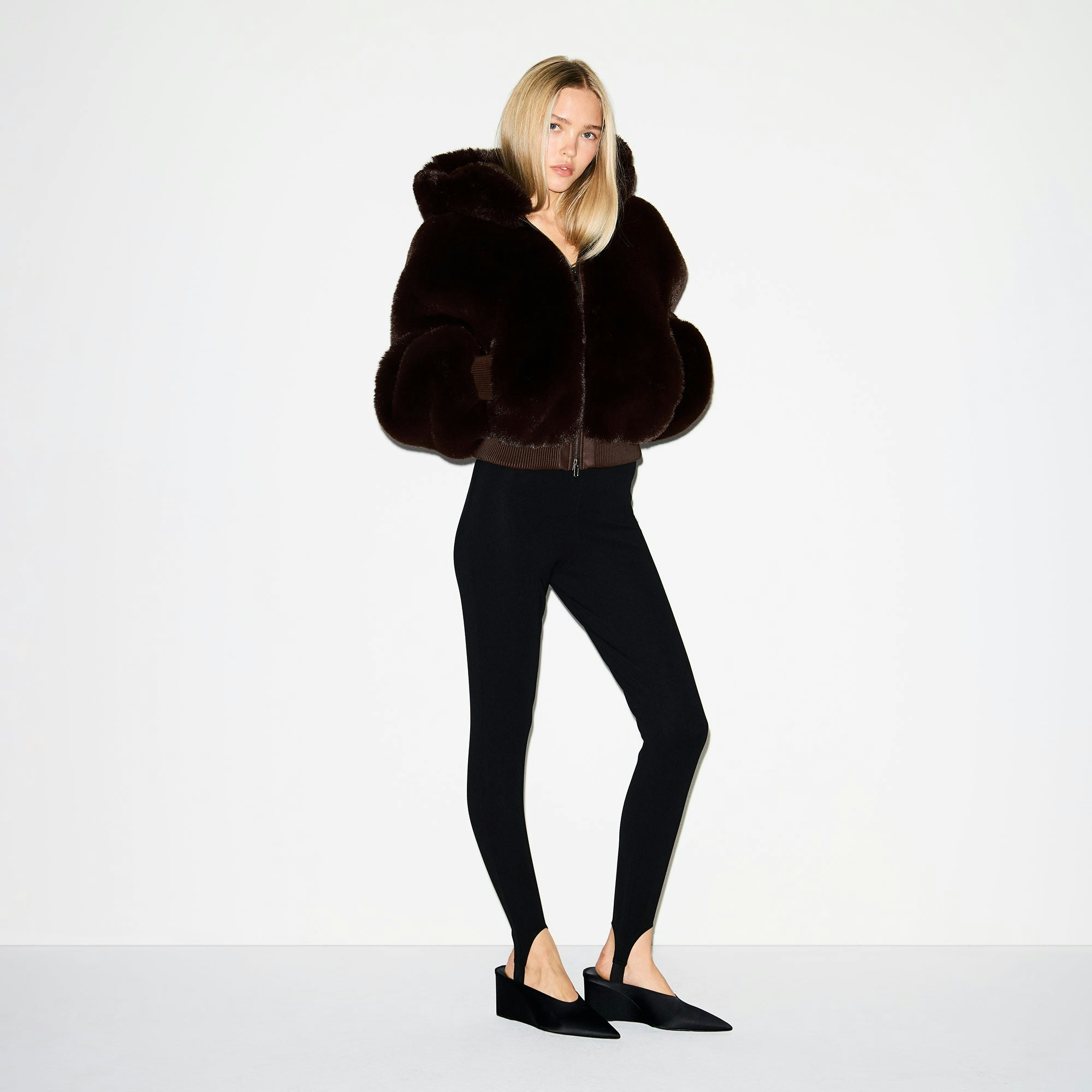 FAUX FUR ZIP UP JACKET | ESPRESSO ON A MODEL FRONT VIEW @ | FOCUS: 0.0, 1.0, 0.9