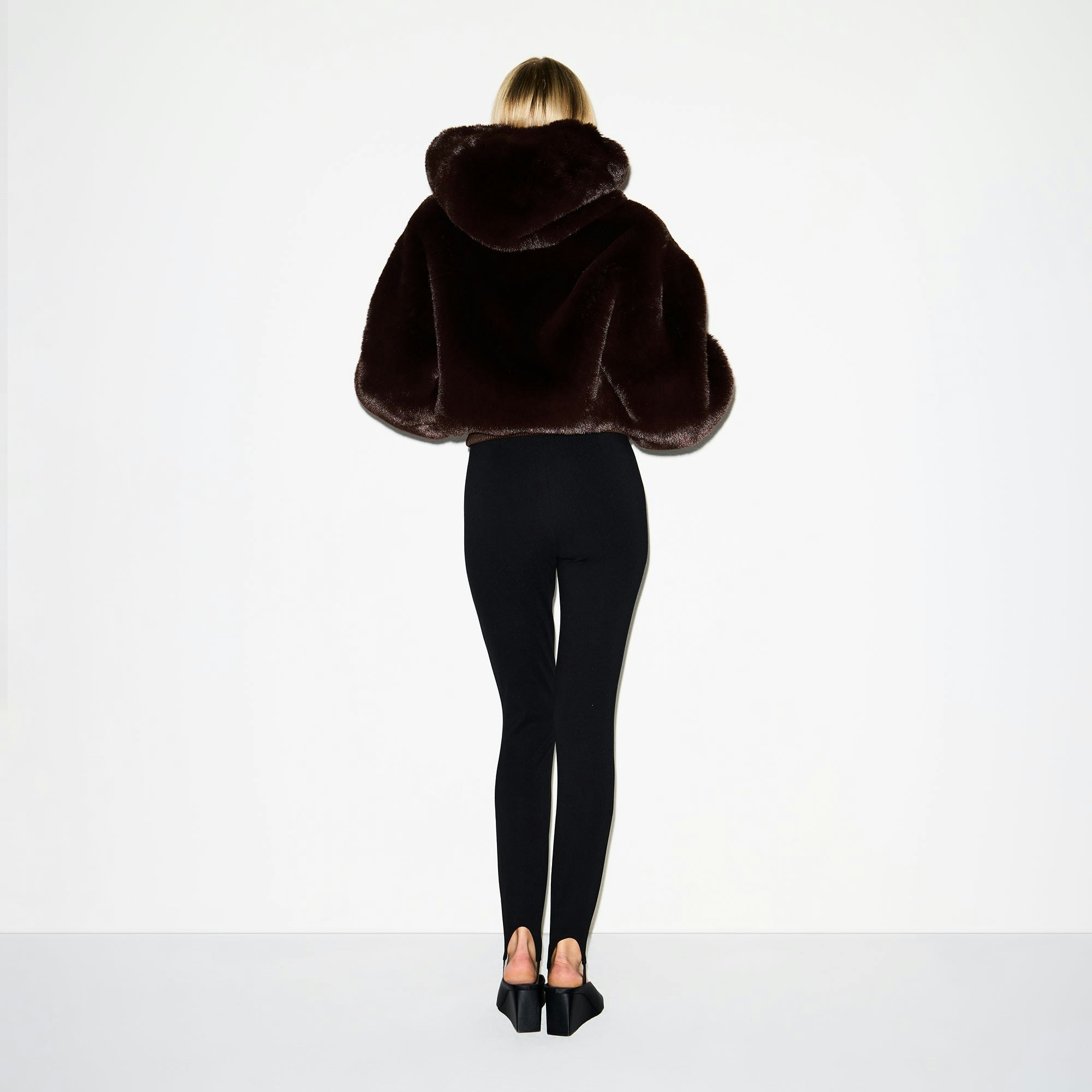 FAUX FUR ZIP UP JACKET | ESPRESSO ON A MODEL BACK VIEW @ | FOCUS: 0.0, 1.0, 0.9