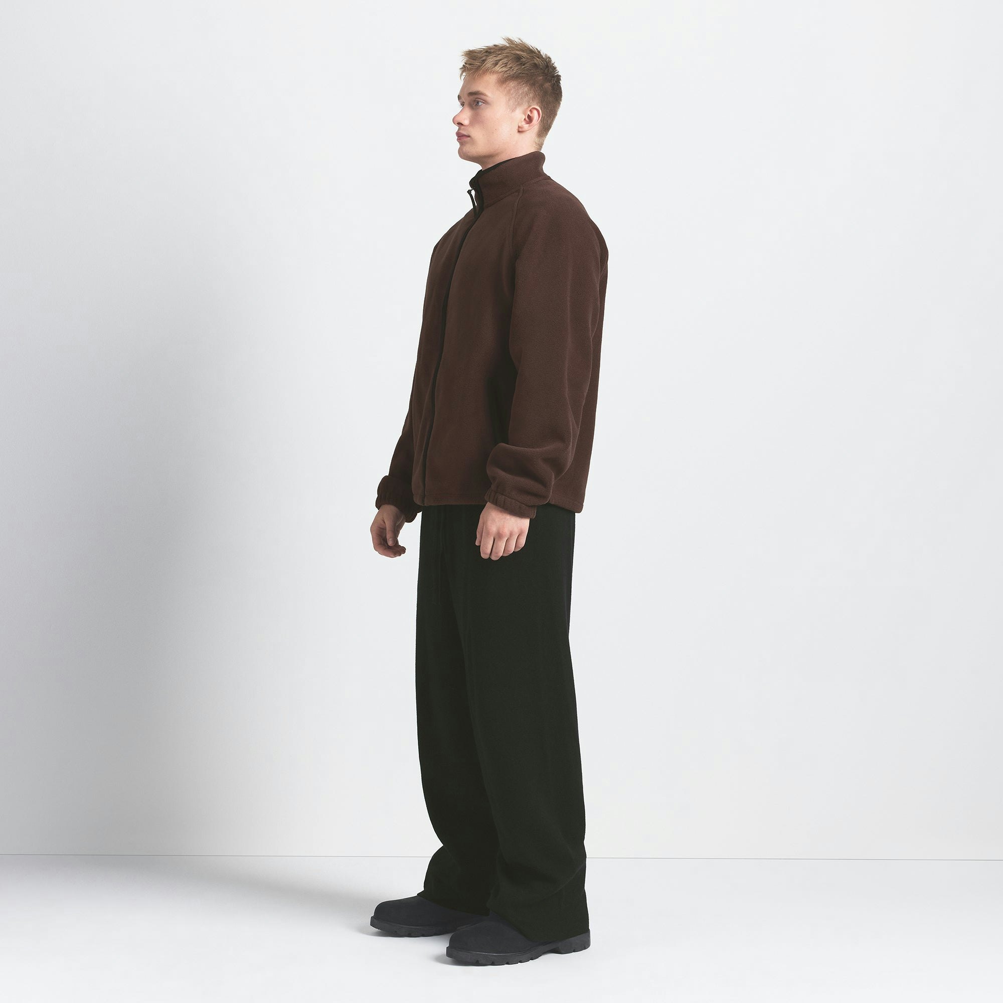 POLAR FLEECE MENS ZIP UP JACKET | ESPRESSO ON A MODEL SIDE VIEW @ | FOCUS: 0.0, 1.0, 0.9