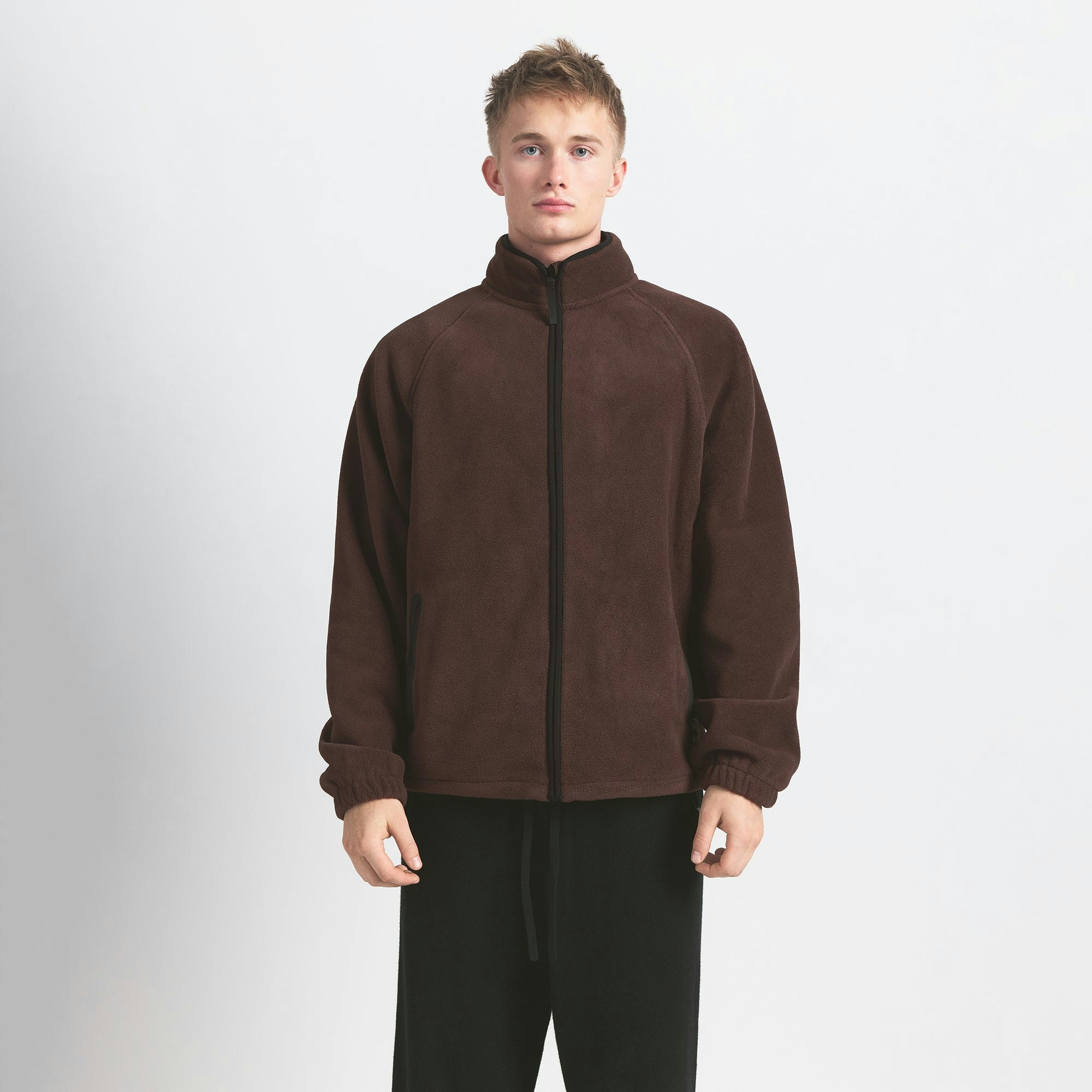 POLAR FLEECE MENS ZIP UP JACKET | ESPRESSO ON A MODEL FRONT VIEW @ | FOCUS: 0.0, 1.0, 0.9