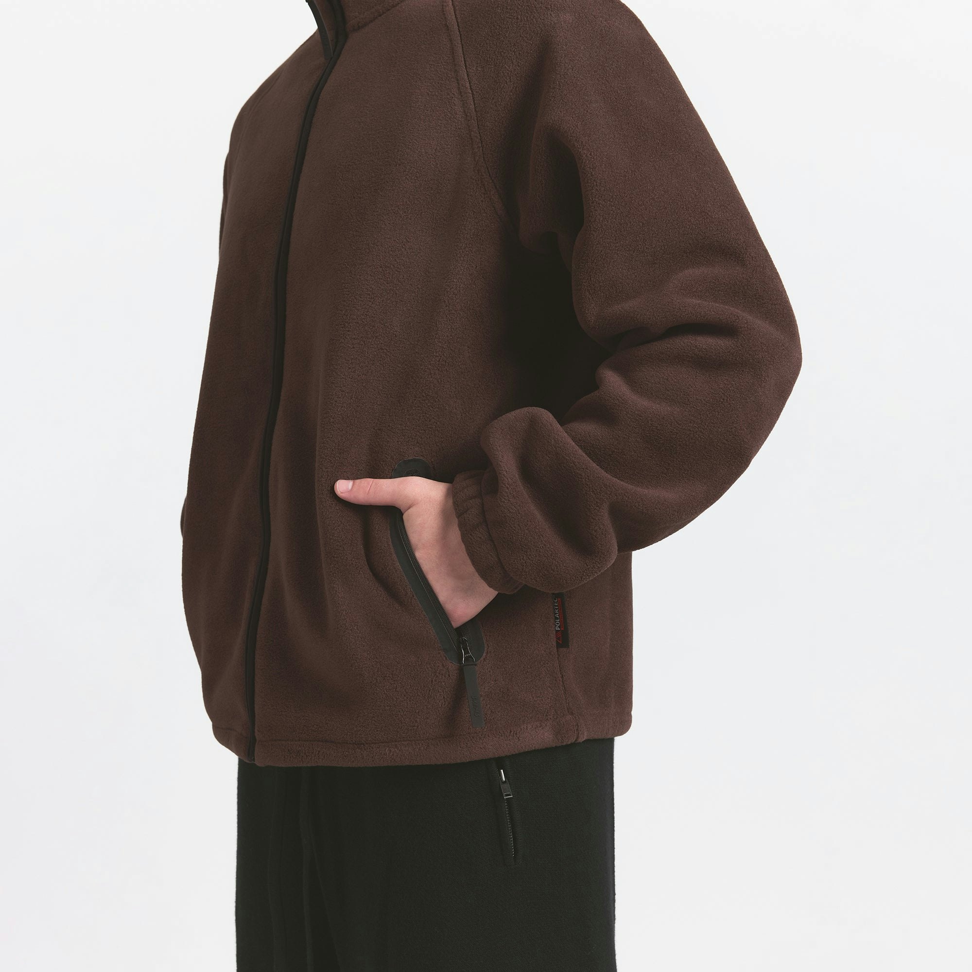 POLAR FLEECE MENS ZIP UP JACKET | ESPRESSO ON A MODEL SIDE VIEW @ | FOCUS: 0.0, 1.0, 0.9