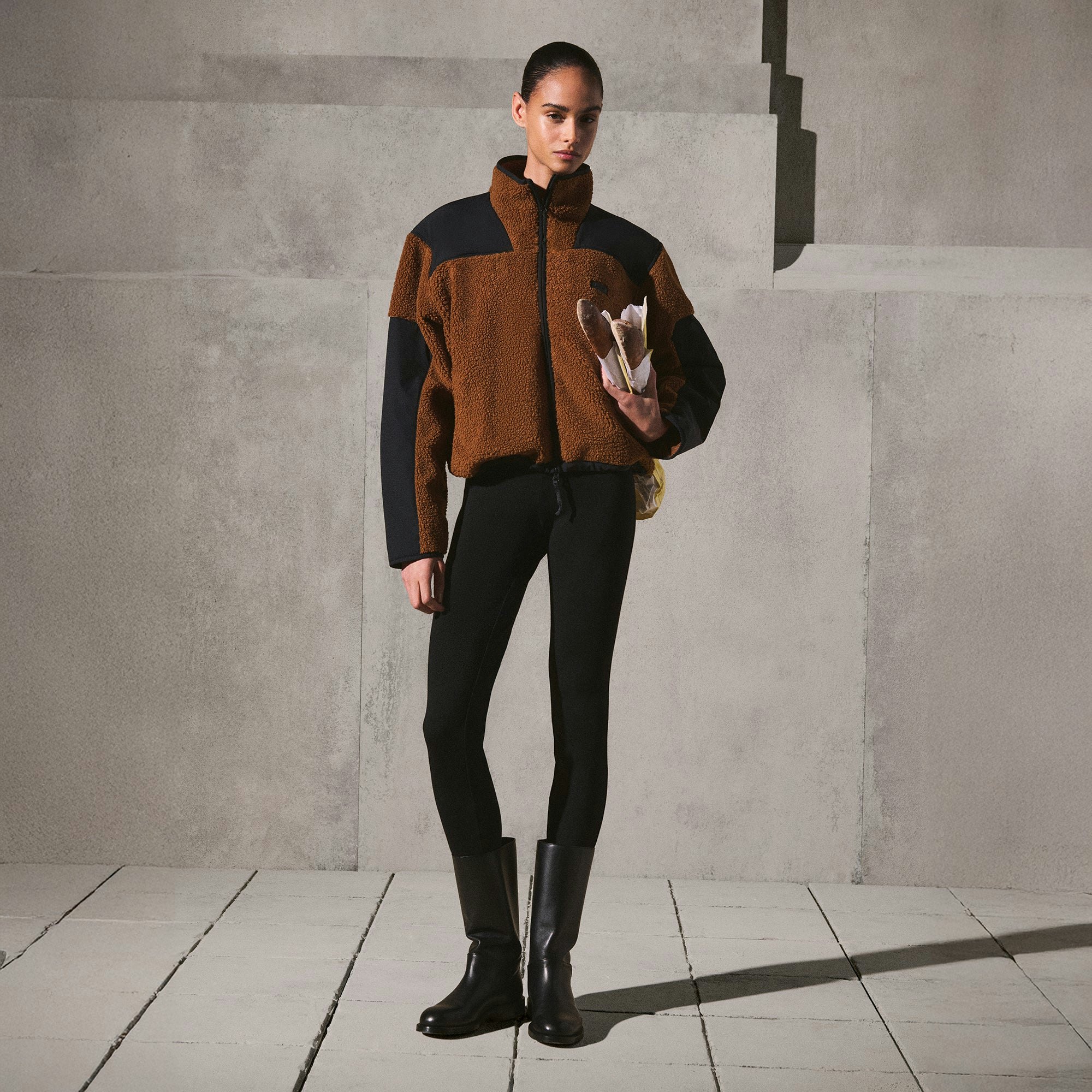 TEDDY BOXY ZIP UP JACKET | CHAI ON A MODEL SIDE VIEW @ | FOCUS: 0.0, 1.0, 0.9