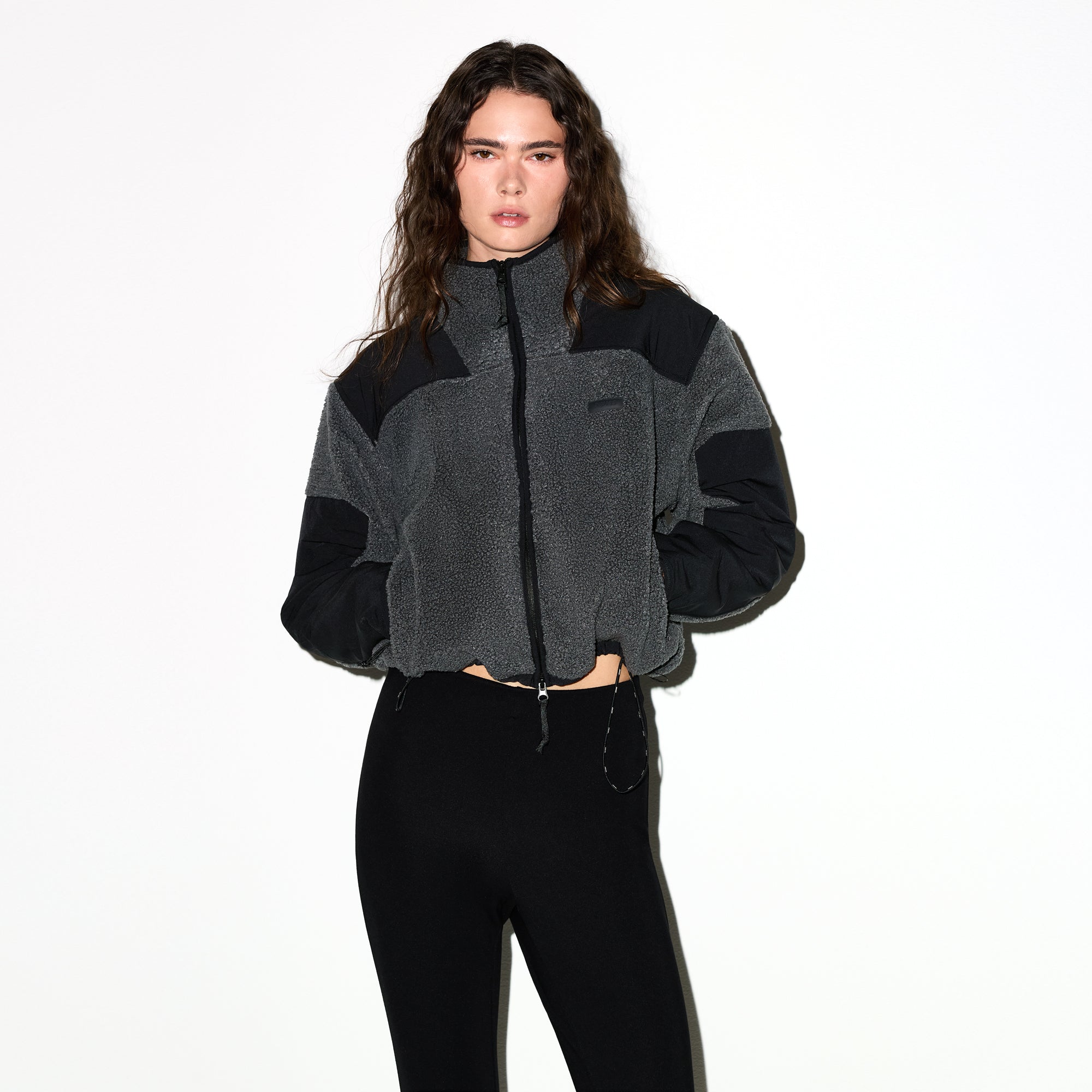 TEDDY BOXY ZIP UP JACKET | ASH ON A MODEL SIDE VIEW @ | FOCUS: 0.0, 1.0, 0.9