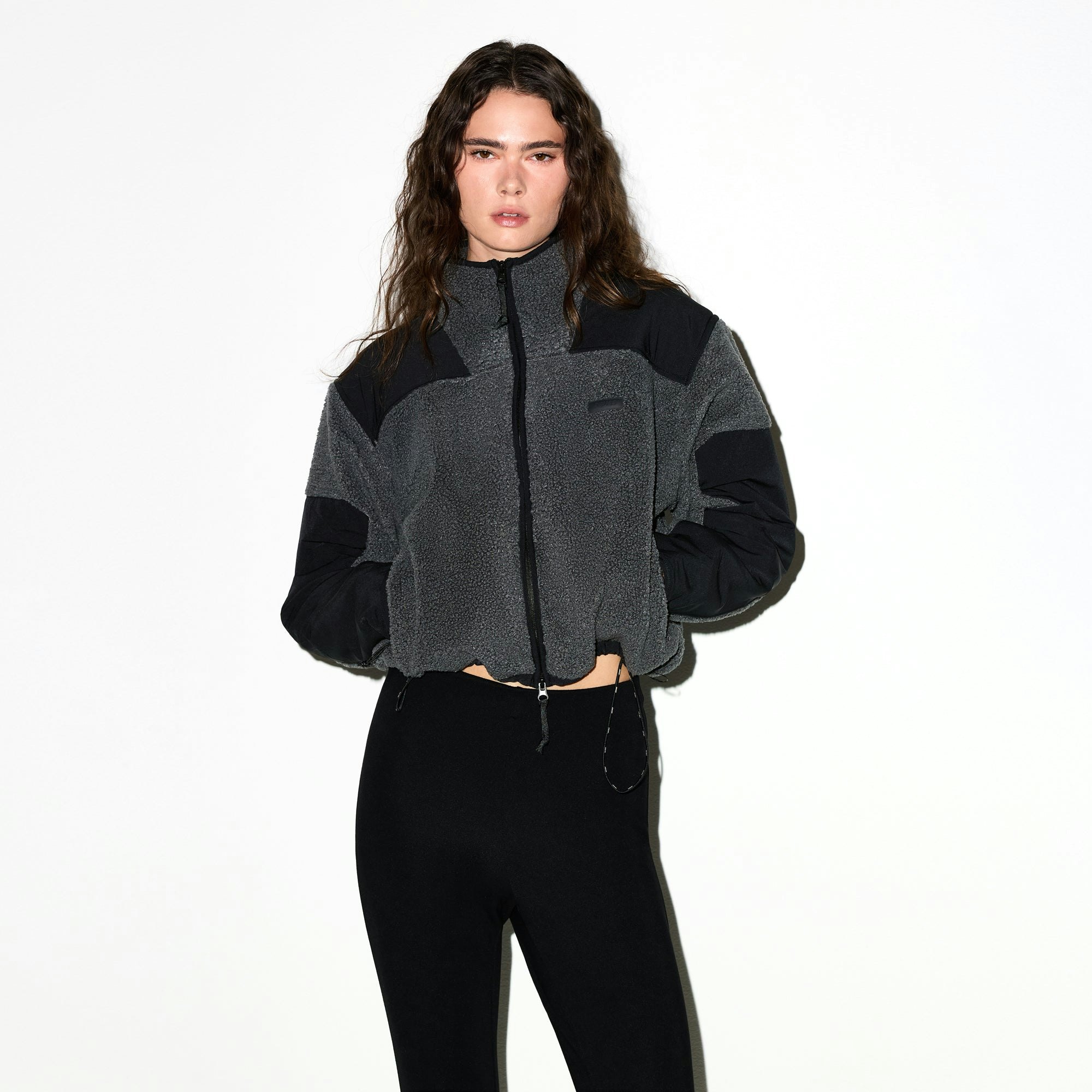 TEDDY BOXY ZIP UP JACKET | ASH ON A MODEL SIDE VIEW @ | FOCUS: 0.0, 1.0, 0.9