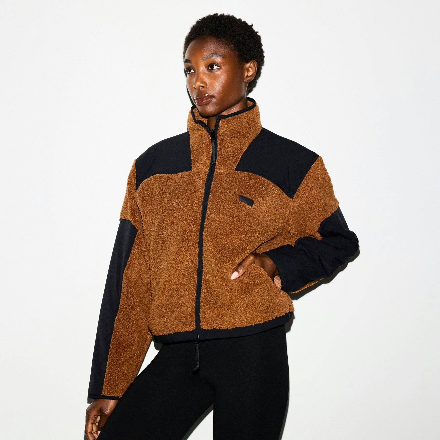 TEDDY BOXY ZIP UP JACKET | CHAI ON A MODEL FRONT VIEW @ | FOCUS: 0.0, 1.0, 0.9