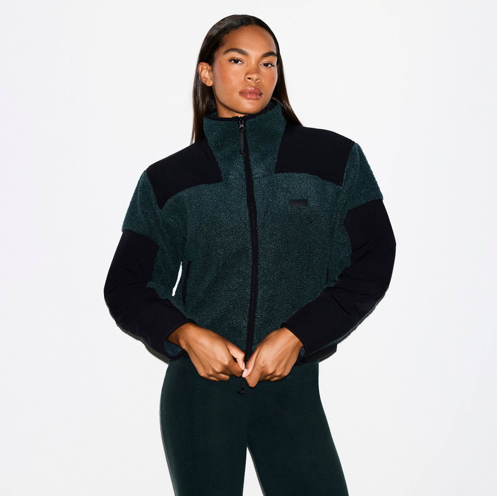 TEDDY BOXY ZIP UP JACKET | DARK TEAL ON A MODEL SIDE VIEW @ | FOCUS: 0.0, 1.0, 0.9