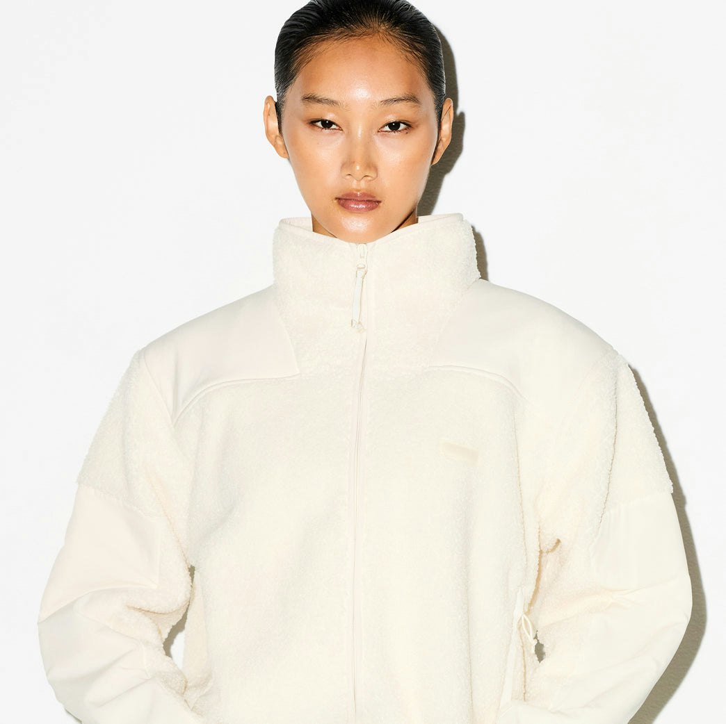 TEDDY BOXY ZIP UP JACKET | ECRU ON A MODEL SIDE VIEW @ | FOCUS: 0.0, 1.0, 0.9