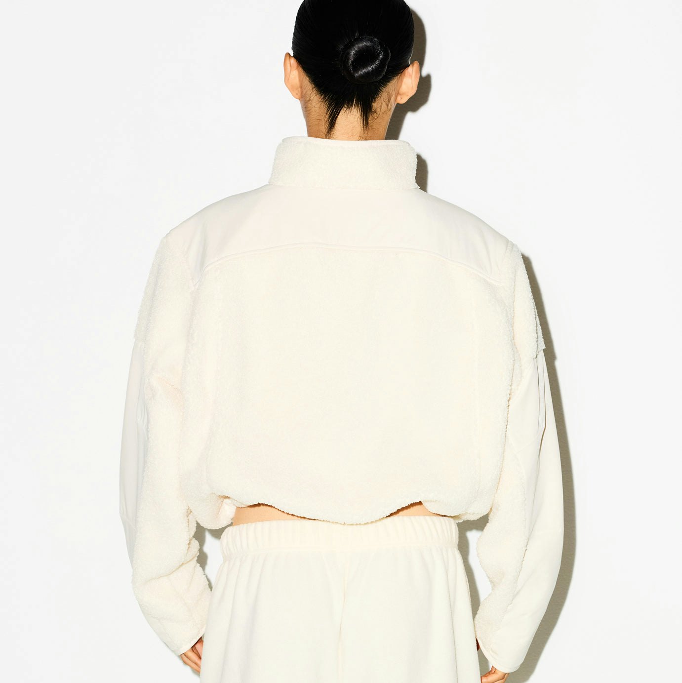 TEDDY BOXY ZIP UP JACKET | ECRU ON A MODEL SIDE VIEW @ | FOCUS: 0.0, 1.0, 0.9