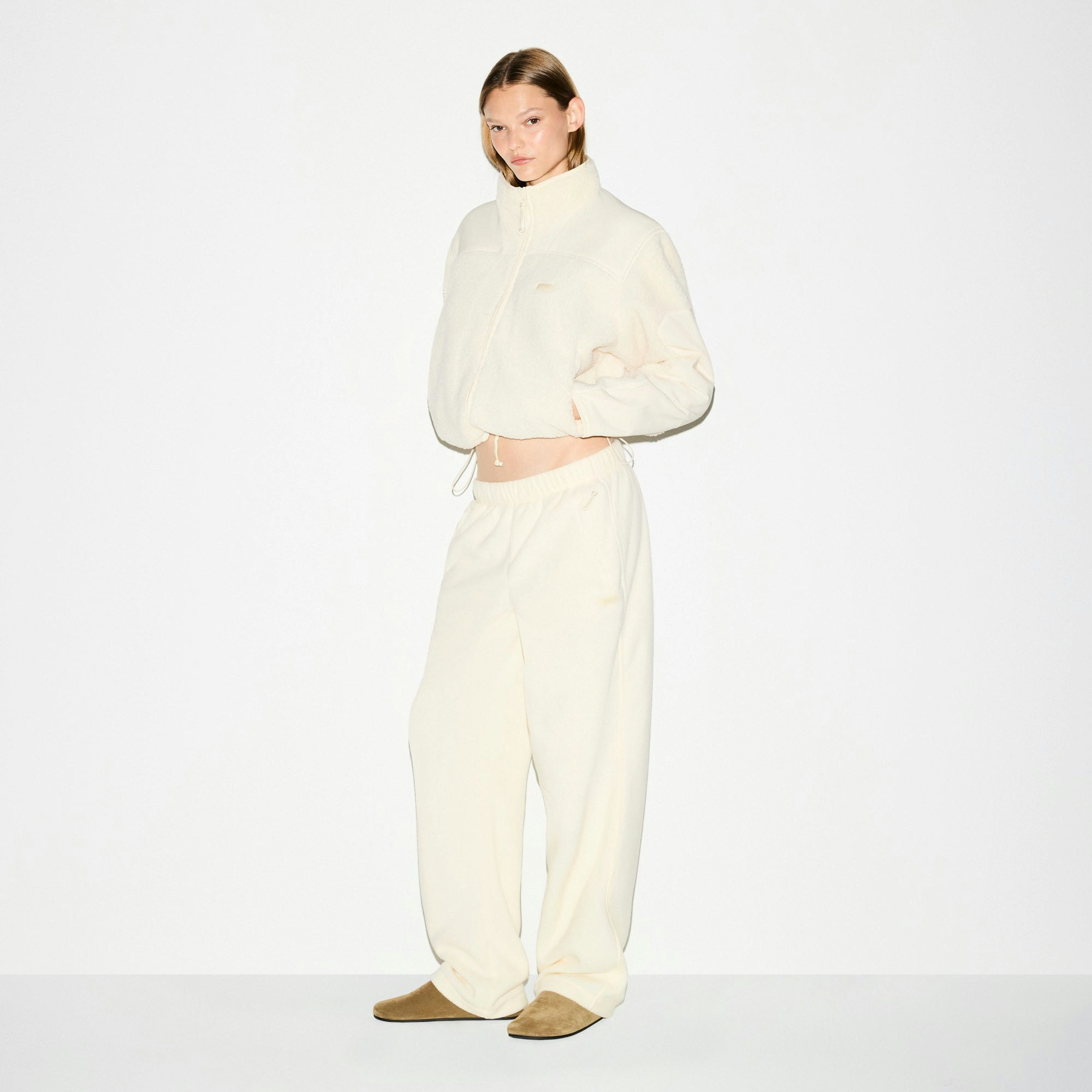 TEDDY BOXY ZIP UP JACKET | ECRU ON A MODEL SIDE VIEW @ | FOCUS: 0.0, 1.0, 0.9